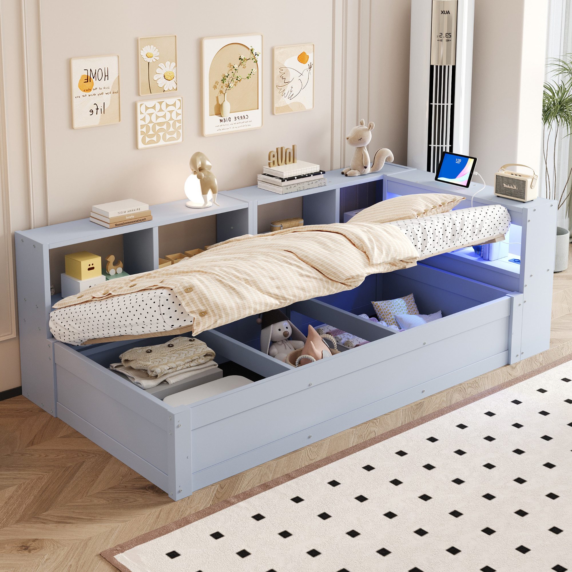 STILVORA Schlafsofa Schlafsofa mit bettkasten Tagesbett 90×200 Jugendbett ohne matratze, Massivholz, Hydraulikfunktion, LED-Lichtleiste, USB-Steckdose, Für Jugendzimmer, Gästezimmer, Schlafzimmer und kleine Räume