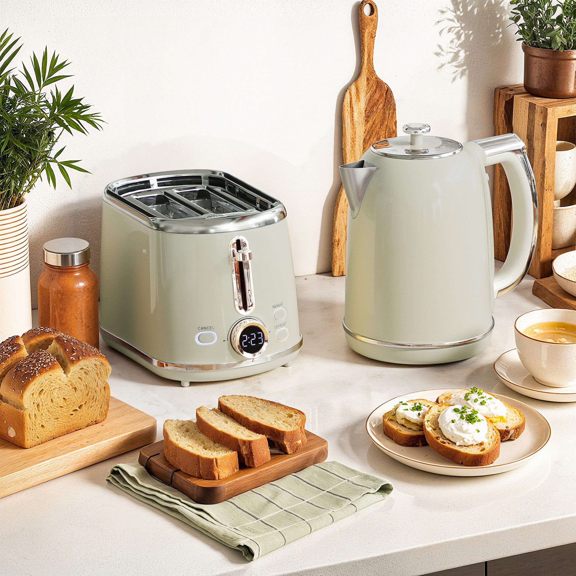 HOMCOM Toaster 1.7 Liter, 2-Schlitz-Toaster, Wasserkocher-Toaster-Set, für Frühstückszubereitung, 2200 W, mit LED-Display, Grau