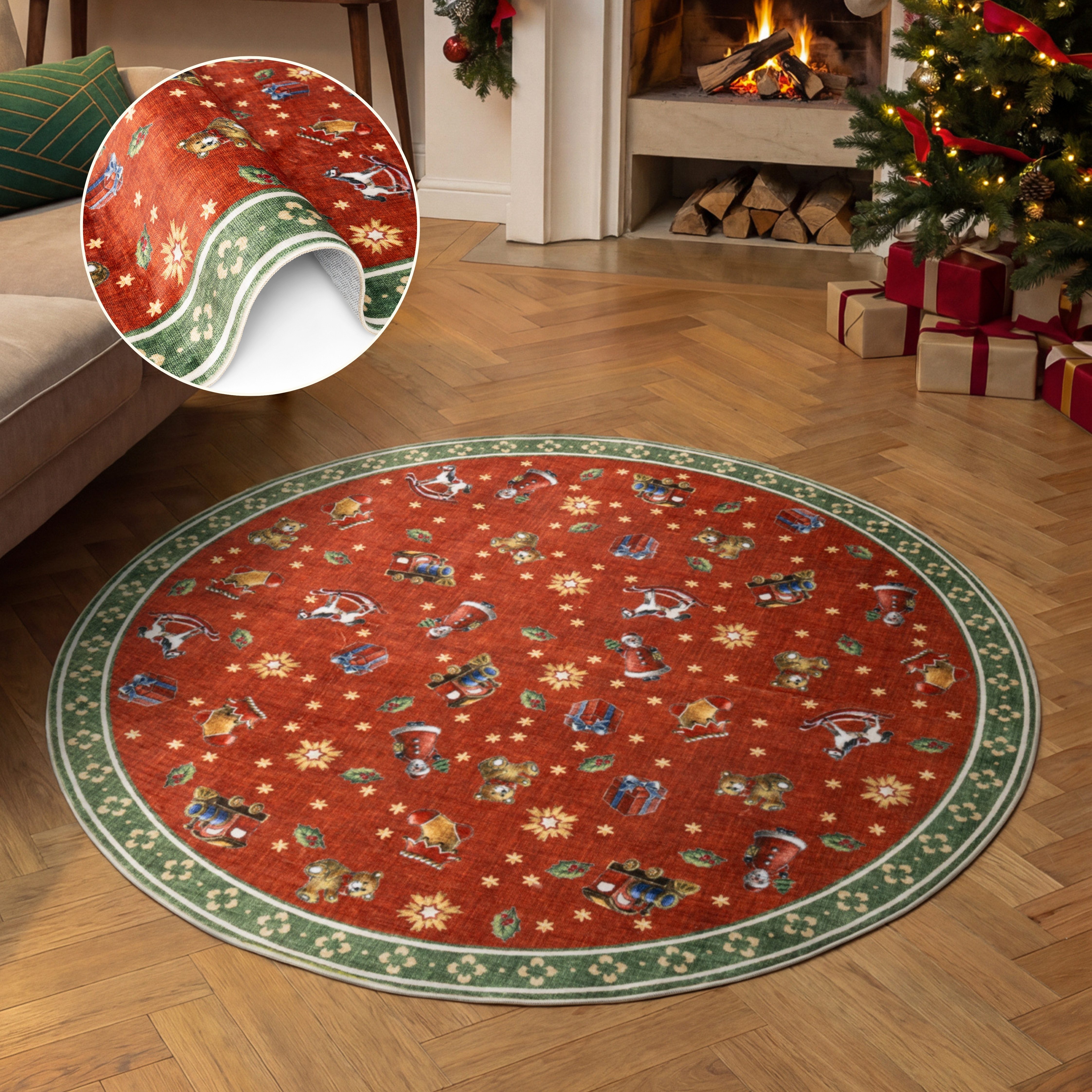 Villeroy & Boch Teppich Toy's Delight Nostalgic Noel, rund, Höhe: 3 mm, Weihnachten, Toys Delight, Wohnzimmer, Waschbar, Baumrock, Christmas