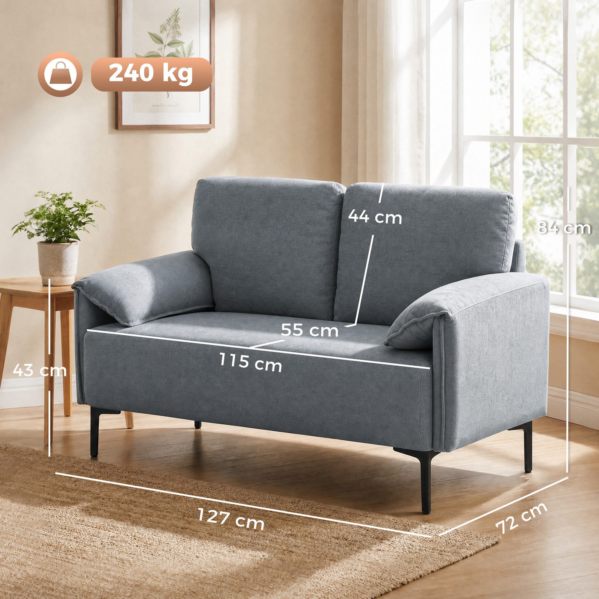 HOMCOM 2-Sitzer Sofa 127 Gepolstert Armlehne, Samtoptik, Loungesofa Kleine Räume, Couch 1 Teile, für Wohnzimmer, Schlafzimmer, Metallrahmen, Grau – Bild 3 von 5