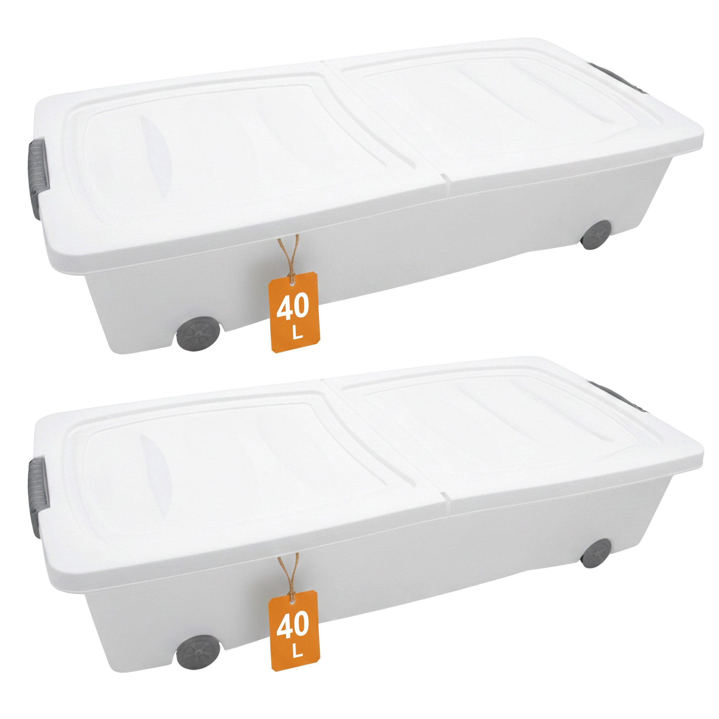 Spetebo Unterbettkommode weiß mit Rollen mit zweigeteiltem Deckel (Set, 2 St., Anazhl)