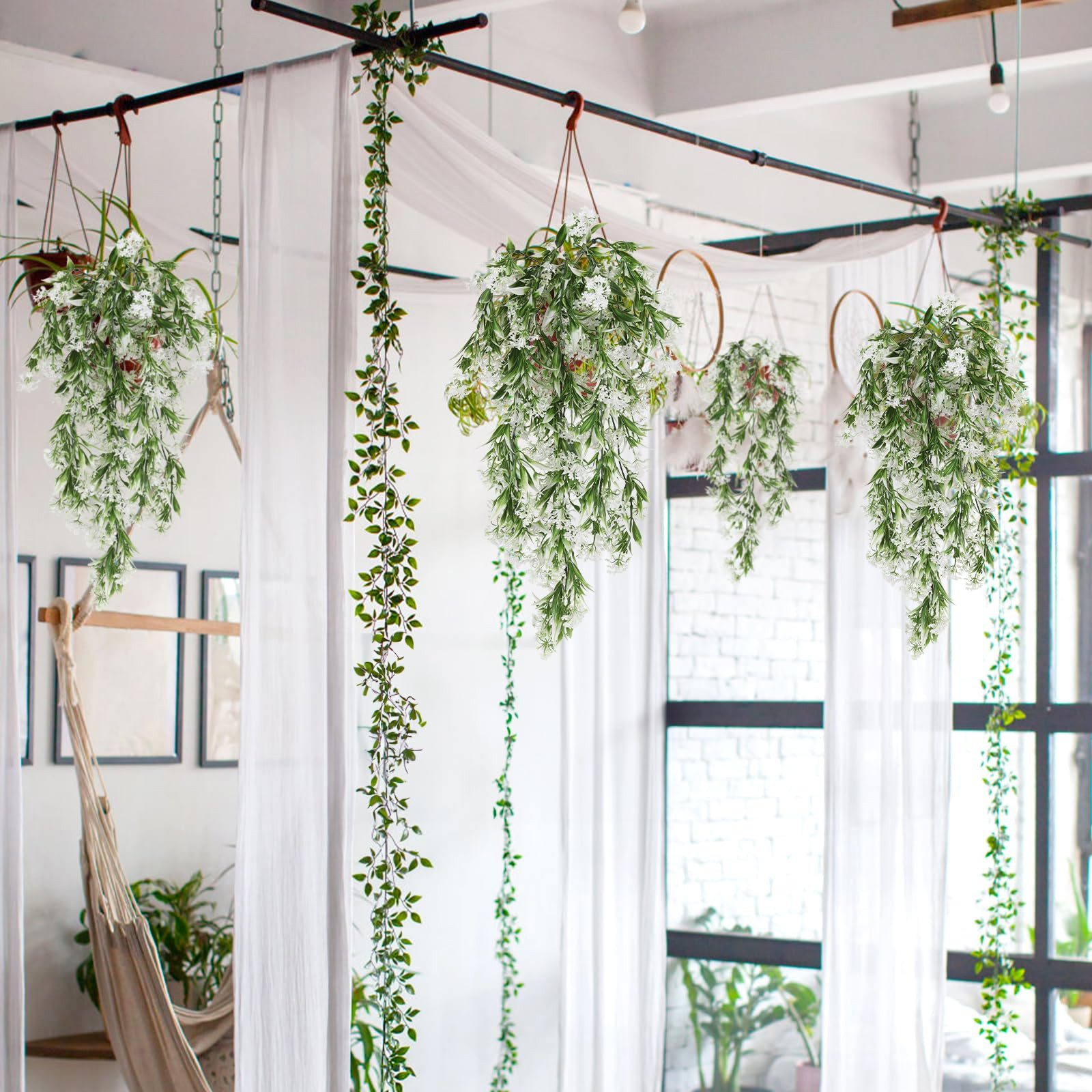 Kunstblumenstrauß Künstliche Kunstblumen-Ranke mit weißen Blüten,3 Stück Hängende Blumen, Diwzbyn, Hängepflanzen Wanddeko, Kunstblumen für Balkon, Wohnzimmer und Garten