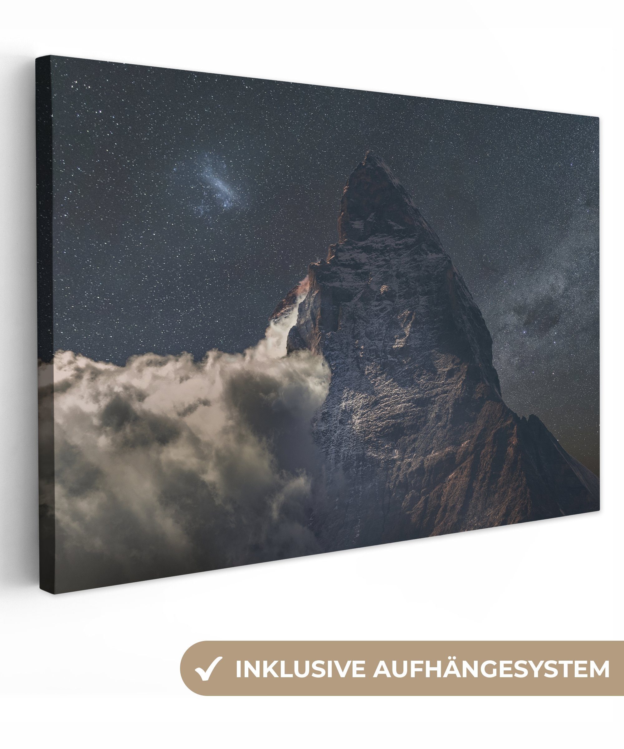 OneMillionCanvasses® Leinwandbild Niedrige Wolke in der Nähe von Matterhorn unter Nachthimmel in der, (1 St), Wandbild für alle Wohnbereiche, Gemälde, XXL, großes, 120x80 cm