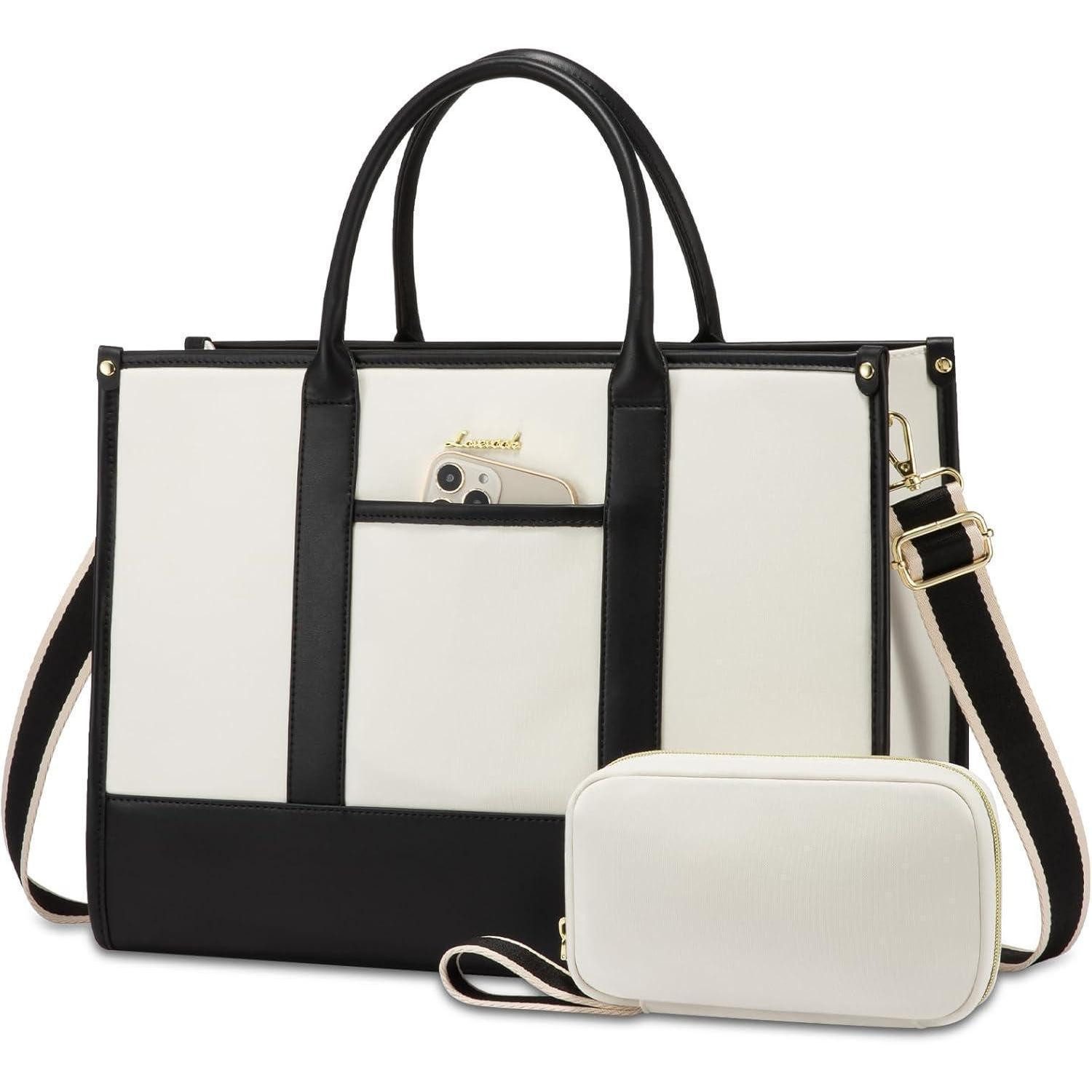 LuxusKollektion Laptoptasche Laptoptasche Damen Wasserdicht Leder Arbeit Büro 17 Zoll Schwarz+beige