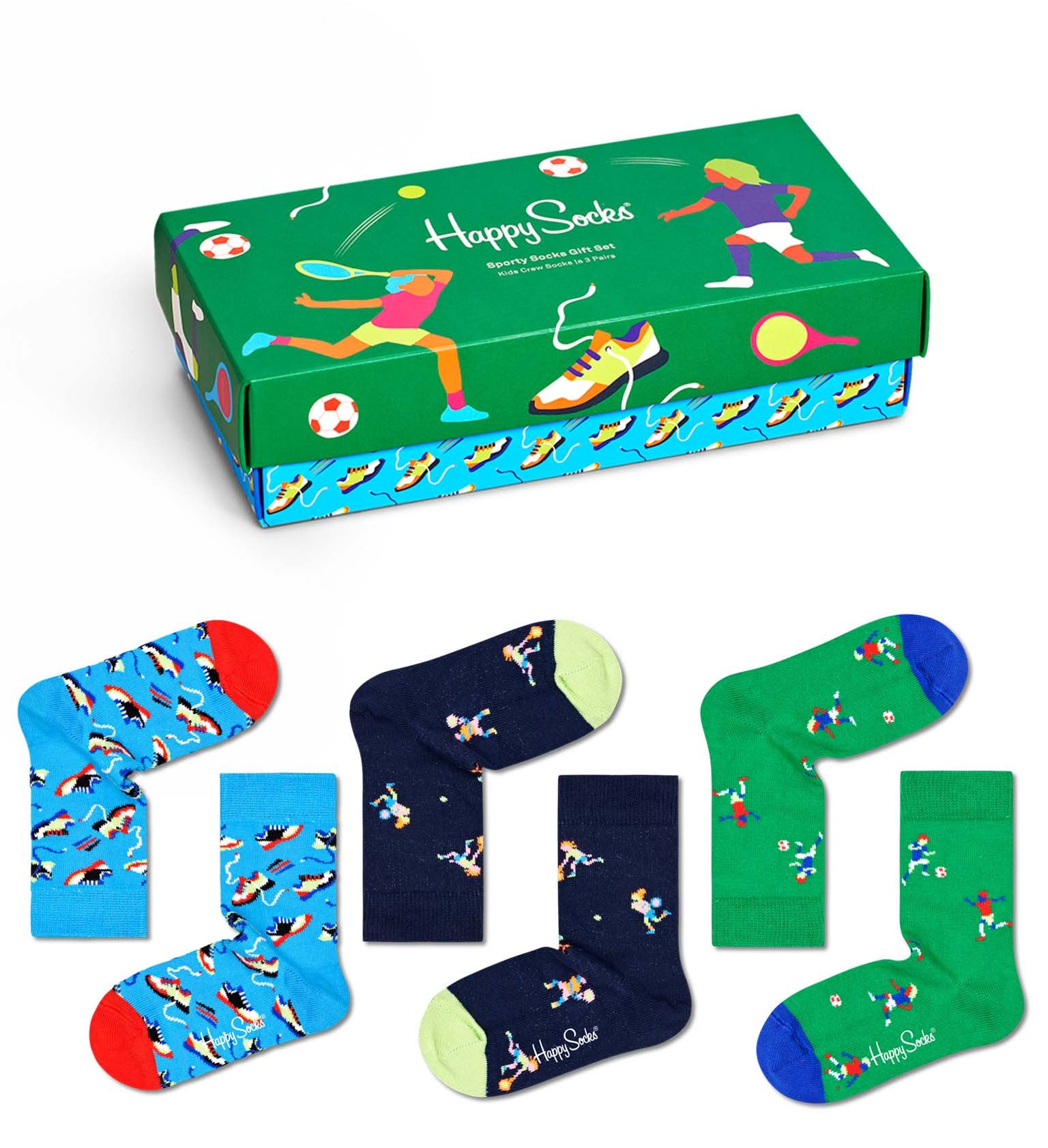 Happy Socks Socken Tagessocke Crew Kids Sport Gift Geschenkbox grün Kinder - 3 Paar