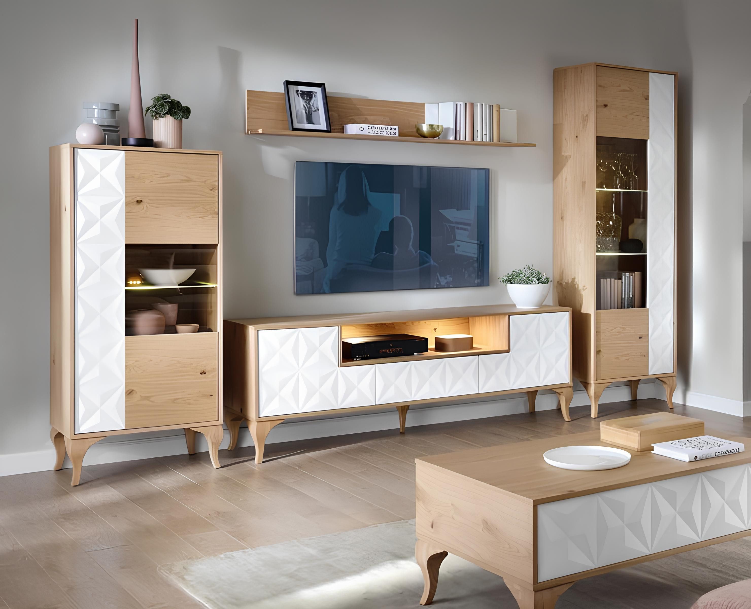 Xlmoebel Polstergarnitur Wohnzimmermöbel-Set in Holzdesign mit eleganter Vitrine und Lowboard, (Wohnzimmermöbel-Set, 4-tlg., Sofa), Hergestellt in Europa