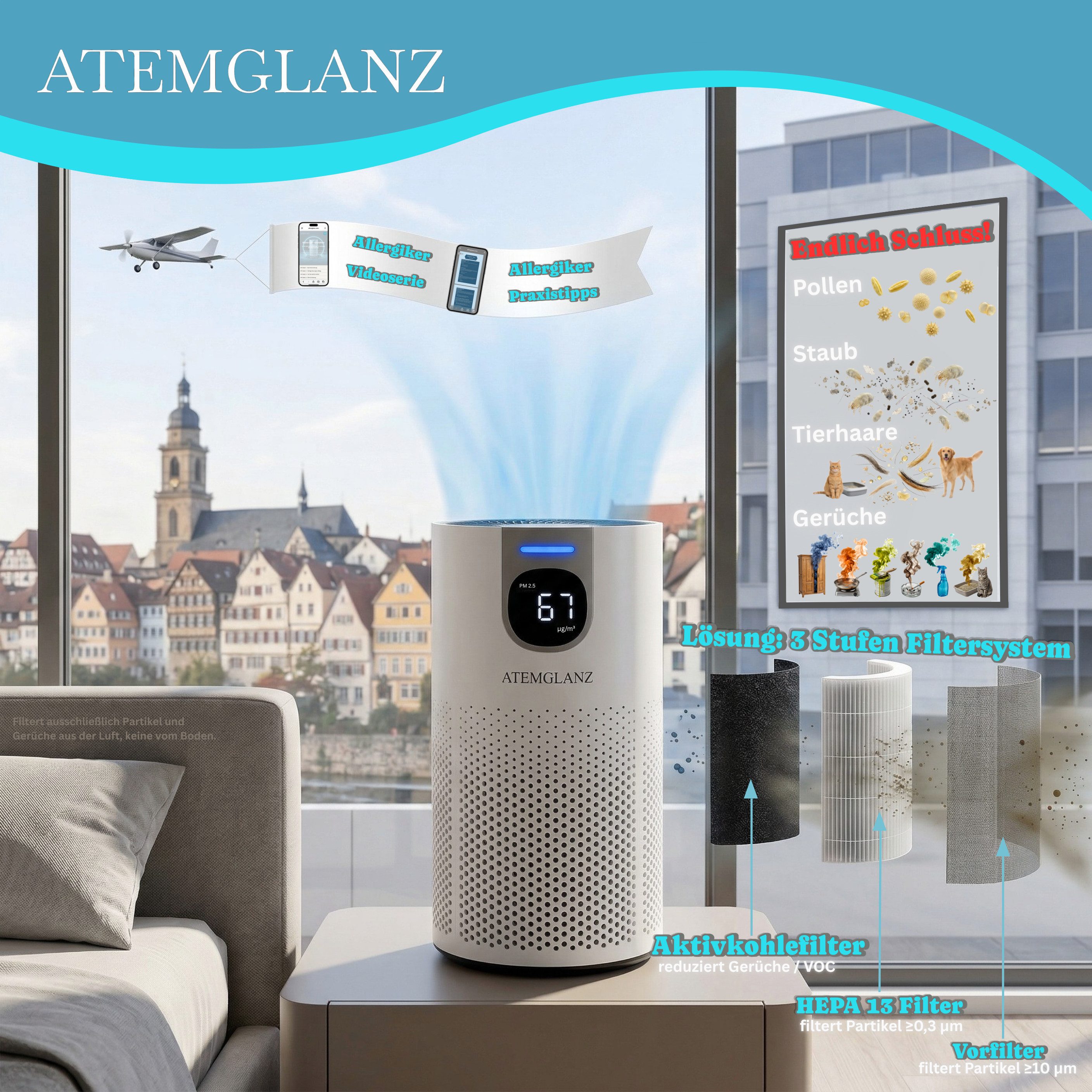 Atemglanz Luftreiniger, HEPA 13 + Aktivkohlefilter