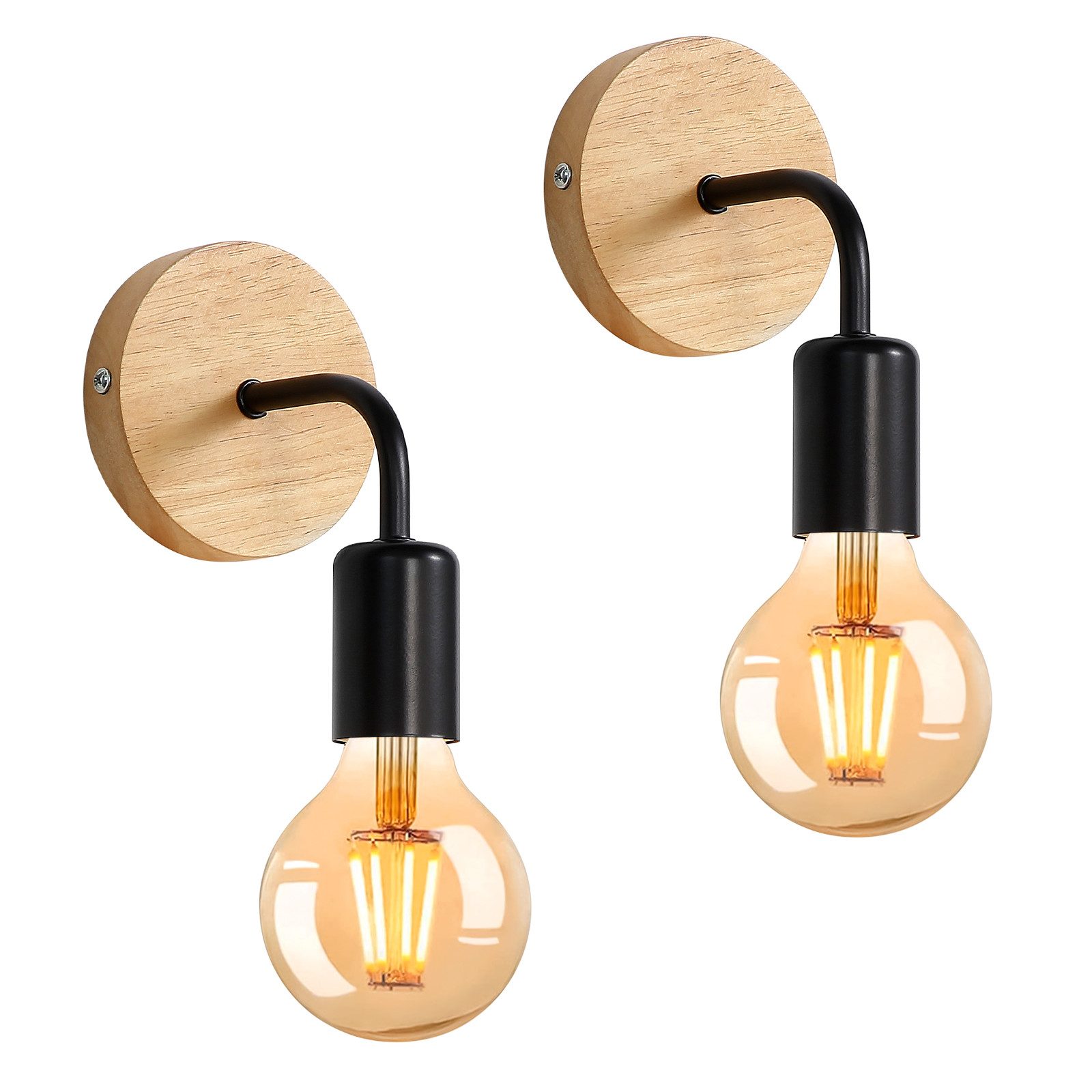 Riserva LED Wandleuchte Wandleuchte 2er Set E27 Schwarz Holz, Wandlampe Vintage, Vintage Industriestil,einfache Installation,klassisches Design
