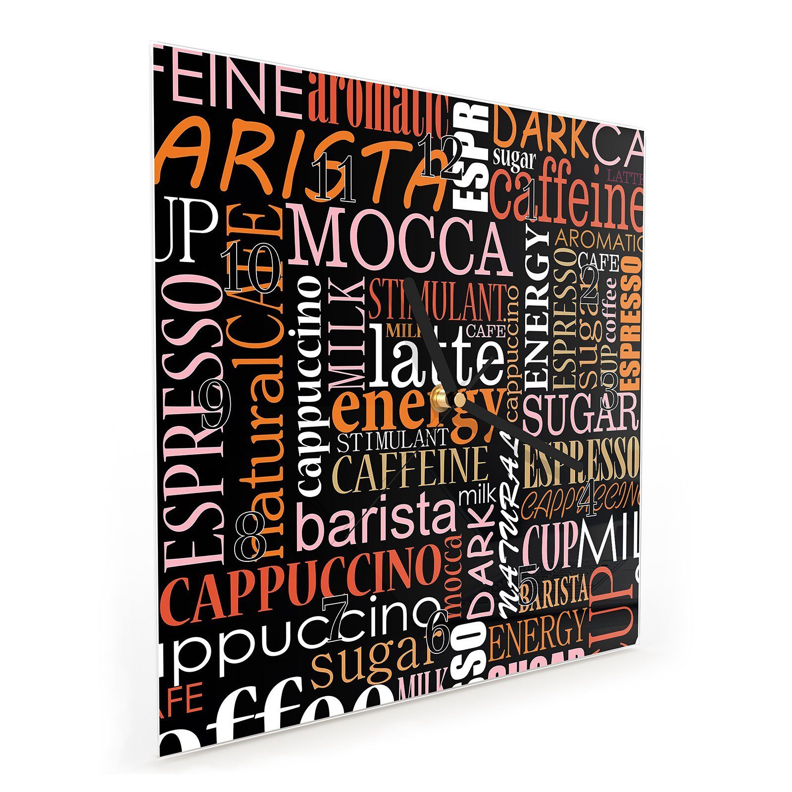 Primedeco Wanduhr Glasuhr Motiv mit cm Größe 30 Kaffeevarianten x 30 Design Wandkunst Wanduhr