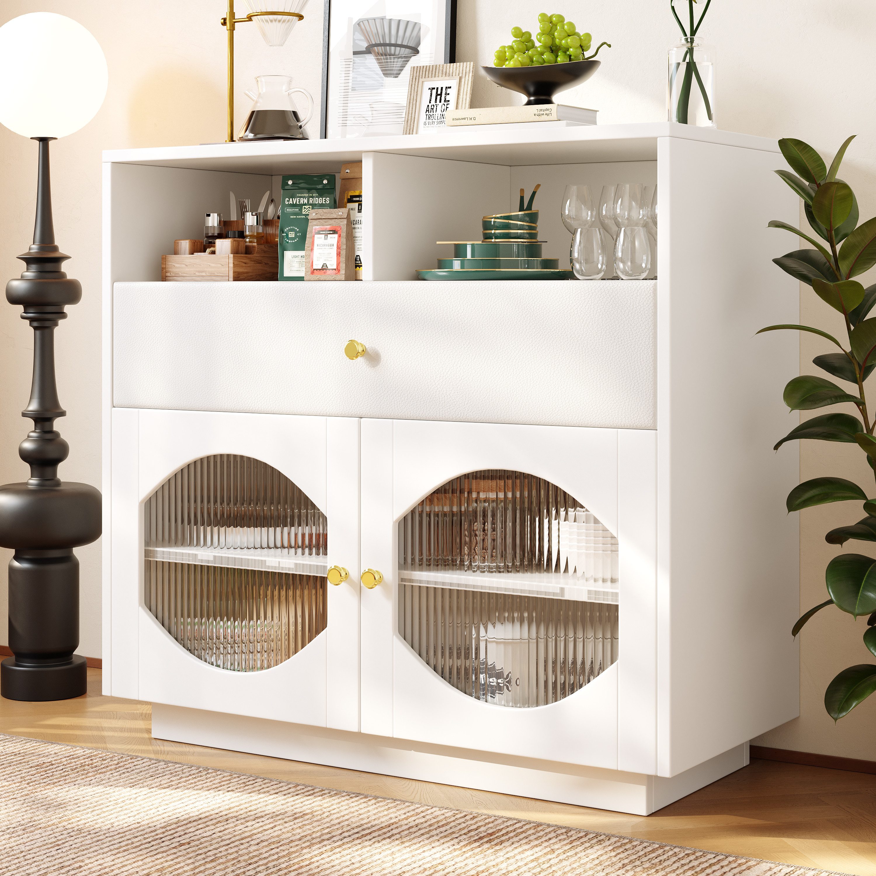 Sideboard Küchenschrank mit Glastüren mehreren Regalen Schubladen und Fächern