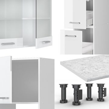 Livinity® Küchenzeile R-Line, Weiß Hochglanz/Weiß, 350 cm mit Hochschrank, AP Anthrazit
