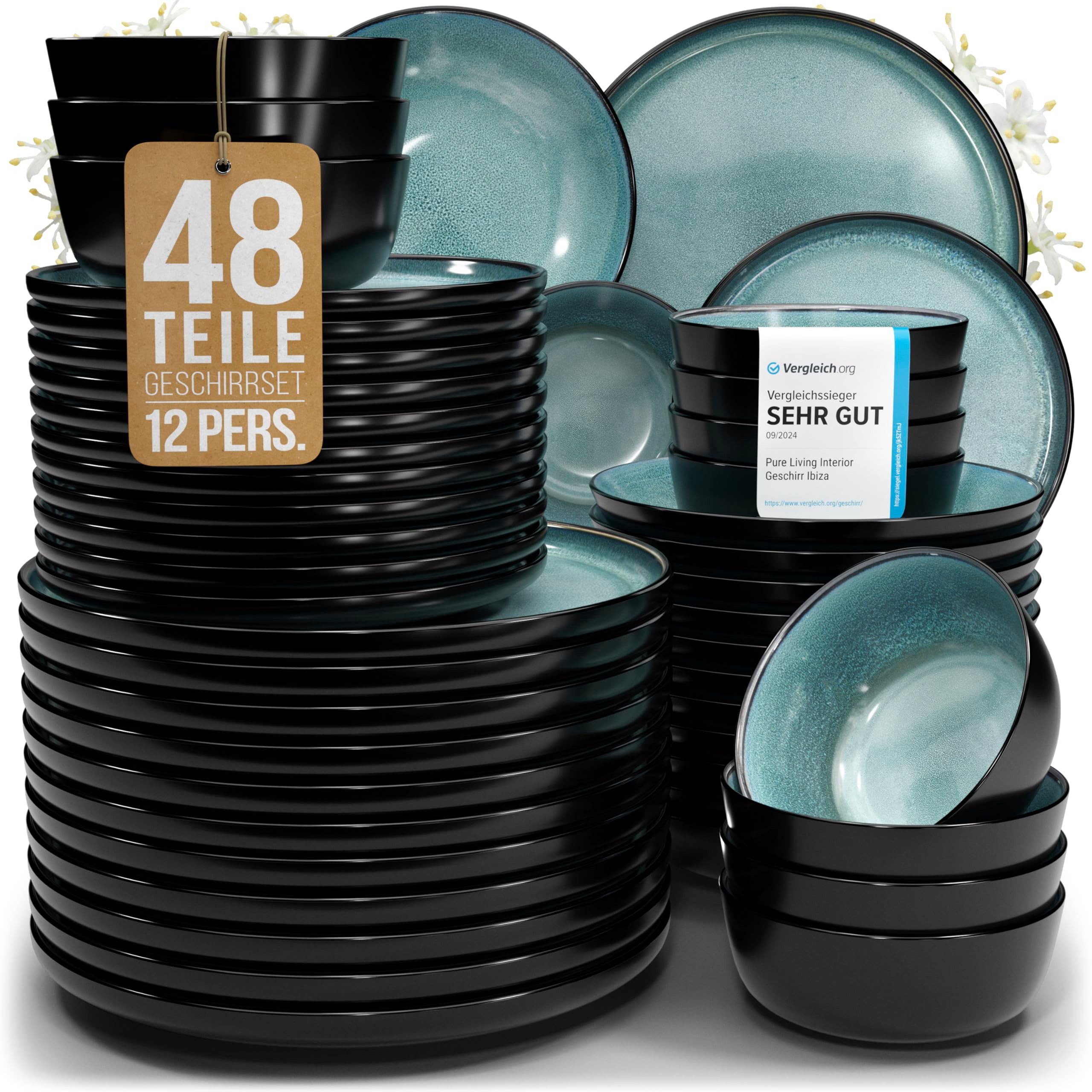 PURE LIVING INTERIOR DESIGN Geschirr-Set Steingut Geschirrset 12 Pers. Ibiza 48-tlg Hochwertiges Mediterranes S (48-tlg), 12 Personen, Steingut, Mediterrane Handwerksoptik, Reaktive Glasur – jedes Stück einzigartig…