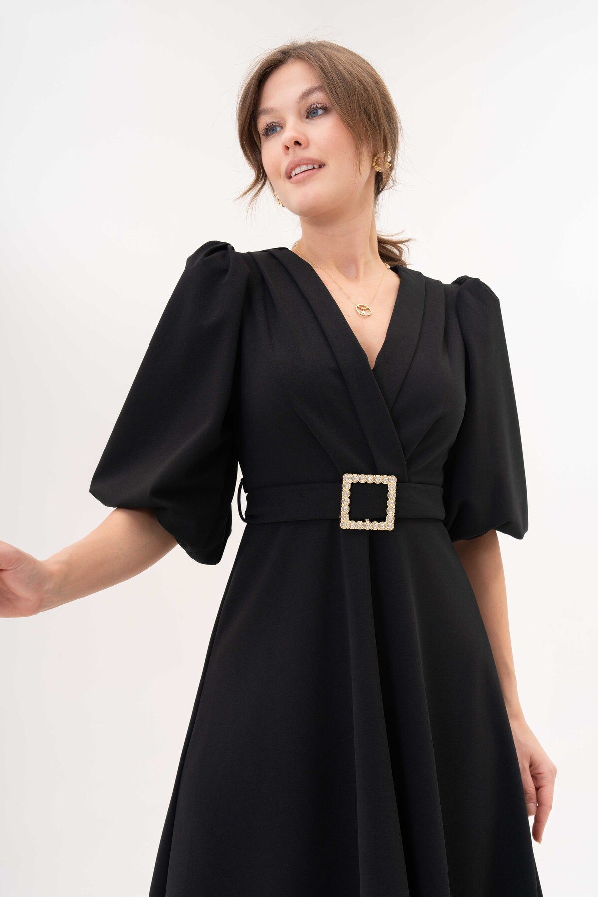 WOMAN VISION Minikleid Damen Stretch-Krepp Kurzballonärmel V-Ausschnitt Gür günstig online kaufen