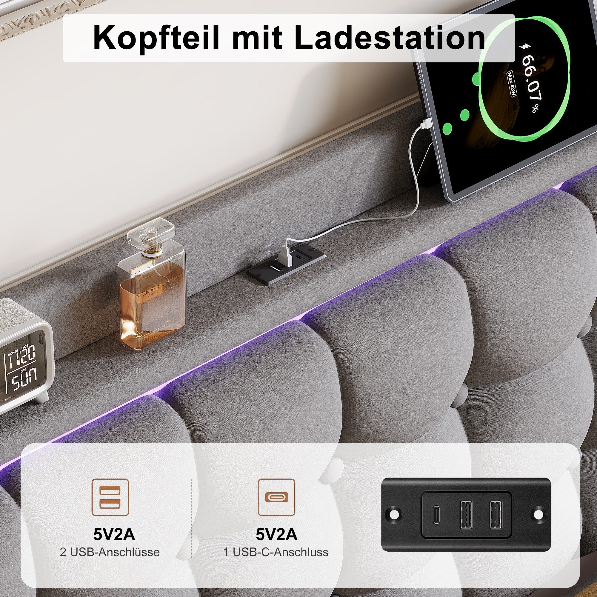 Simurq Polsterbett Schwebebett mit LED-Beleuchtung und USB, Doppelbett 140x200cm (Packung, 1-tlg., Jugendbett mit Kopfteil, Samtstoff), Schwebender visueller Ef – Bild 4 von 5