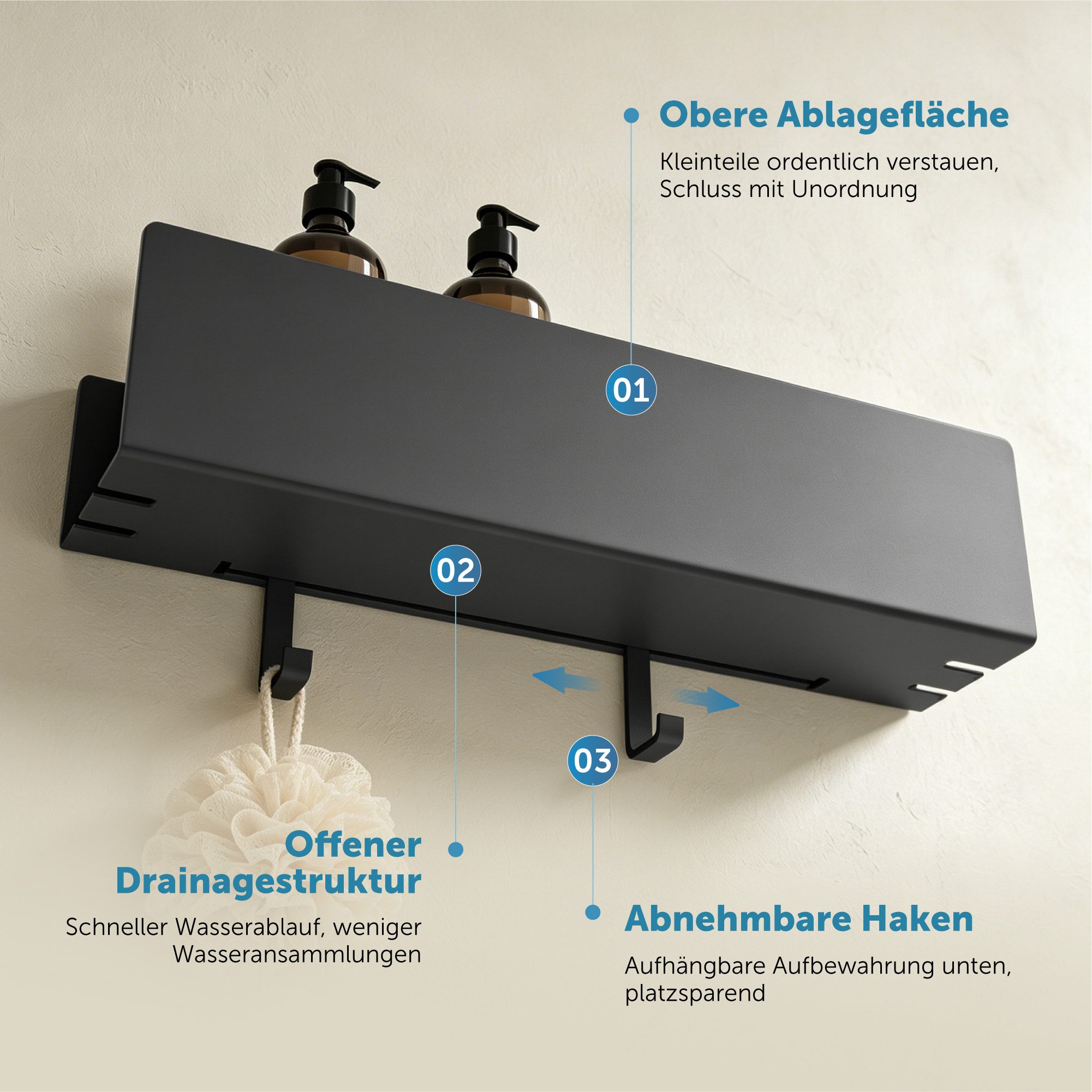 doporro Duschablage Duschregal Wandregal 40cm mit 2 Haken aus Carbonstahl Reglo-18, Offene Drainagestruktur,erhöhter Schutzrand,2 abnehmbare Haken