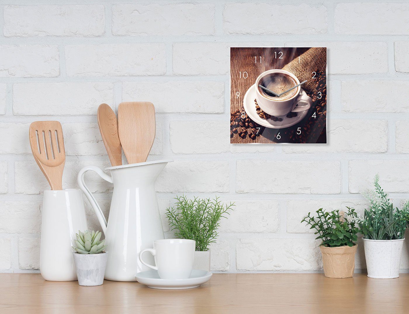Levandeo® Wanduhr (Wanduhr Glas 20x20cm Kaffee Tasse Coffee Uhr Glasbild Kü günstig online kaufen