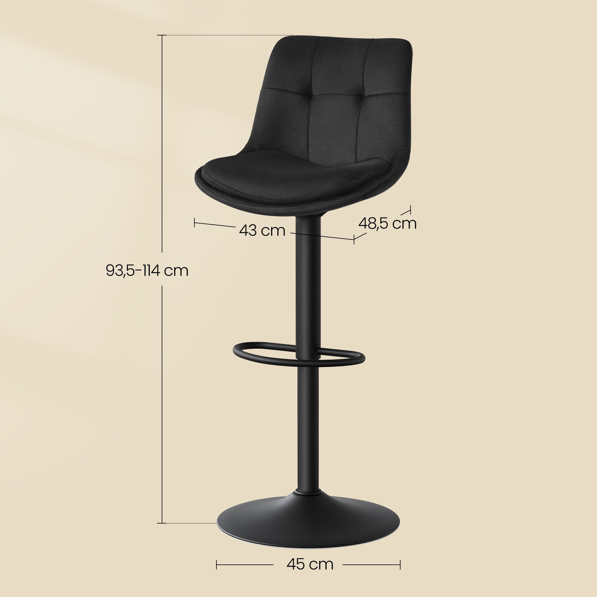 VASAGLE Barhocker Barstühle (Set, 2 St), 2 Barstühle, Barhocker höhenverstellbar, drehbar, Samt