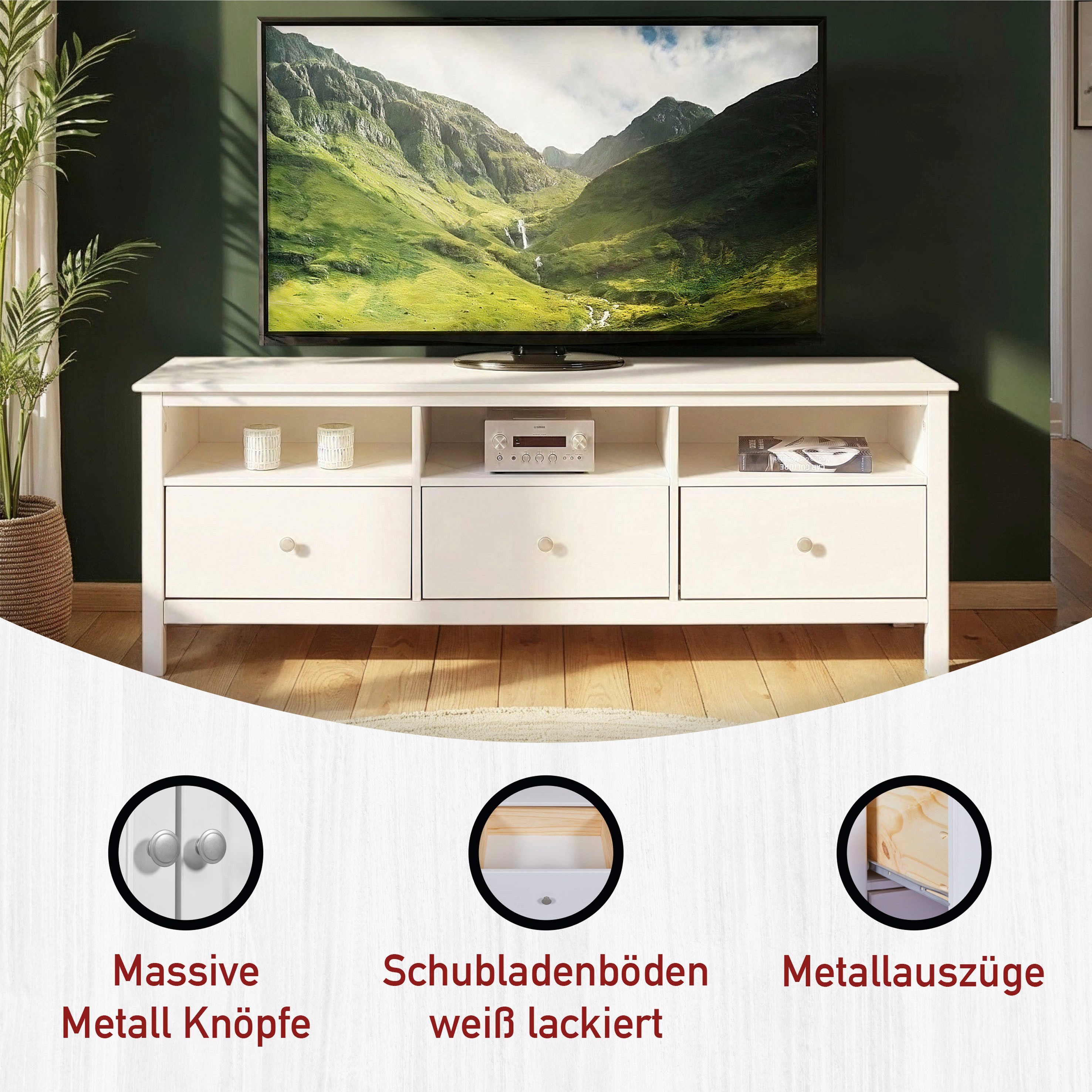 Inter Link TV-Board Pinora, Kiefer Massivholz, Weiss, 160 x 45 x 57 cm, viel Stauraum (1 St), TV Lowboard im modernem Skandi Look, 3 Schubladen, Kabeldurchführung