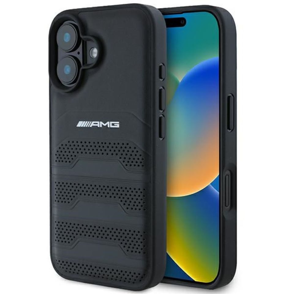Mercedes Benz AMG Handyhülle iPhone 16 Echtleder gelocht schwarz Logo 6,1 Zoll, Kantenschutz