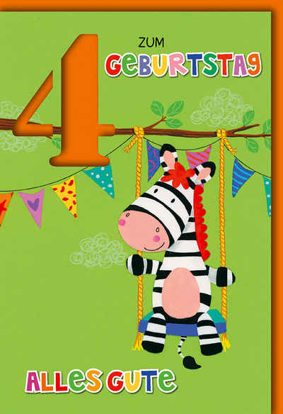 Verlag Dominique Grußkarten 4. Geburtstag - Glückwunschkarte im Format 11,5 x 17 cm - Zebra schauk