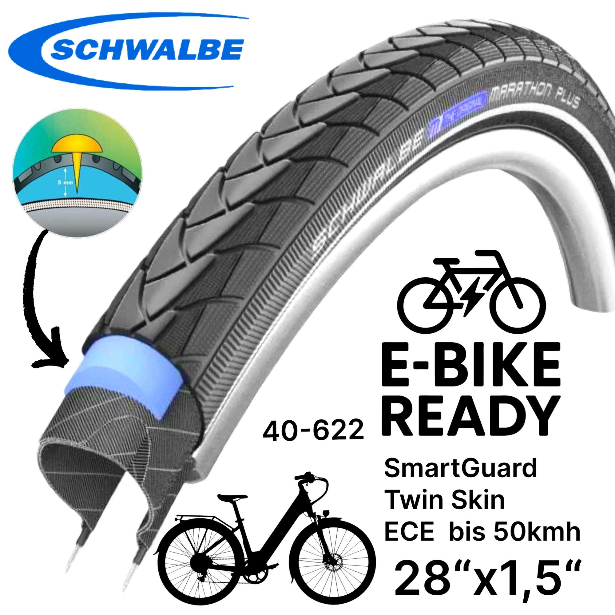 Schwalbe Fahrradschlauch Schwalbe Marathon Plus 28x1,5 City E-Bike SmartGuard 40-622 Reflex