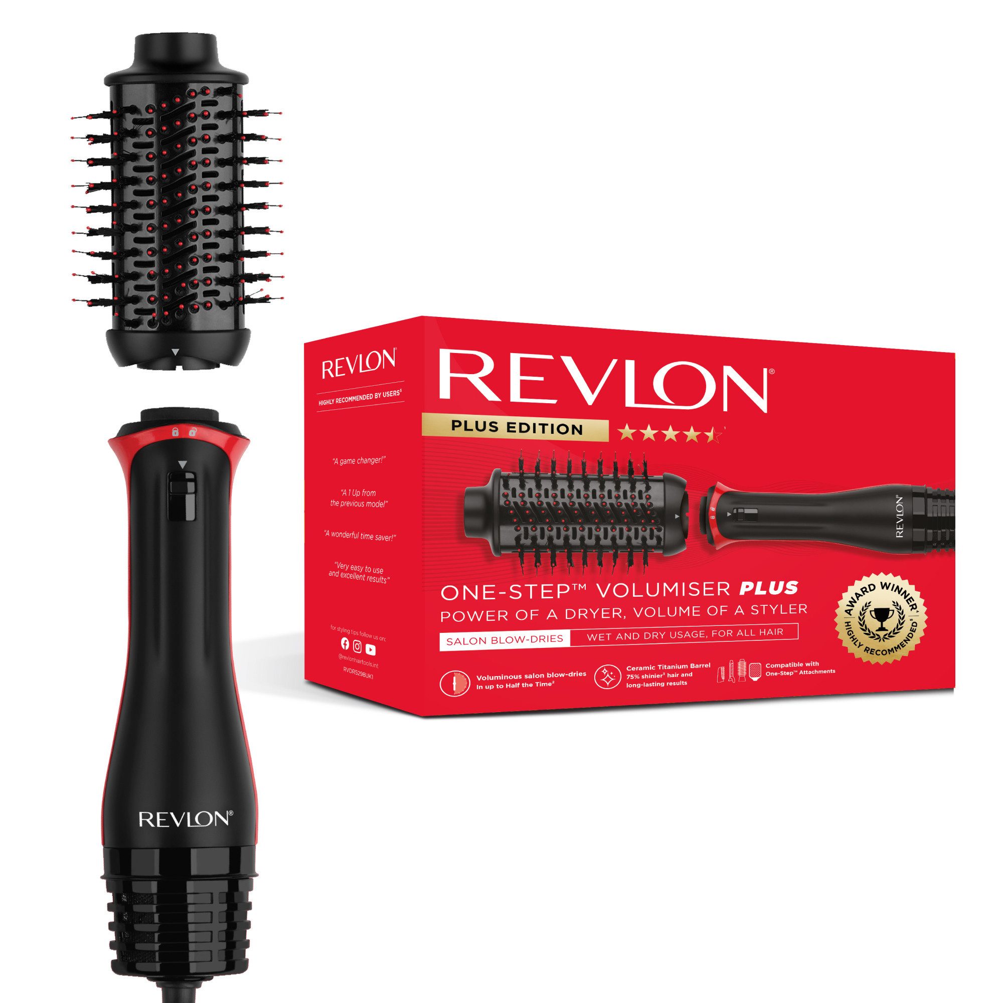 Revlon Warmluftbürste One-Step Volumiser Plus RVDR5298E, Abnehmbarer Kopf, Keramik Titan Platte