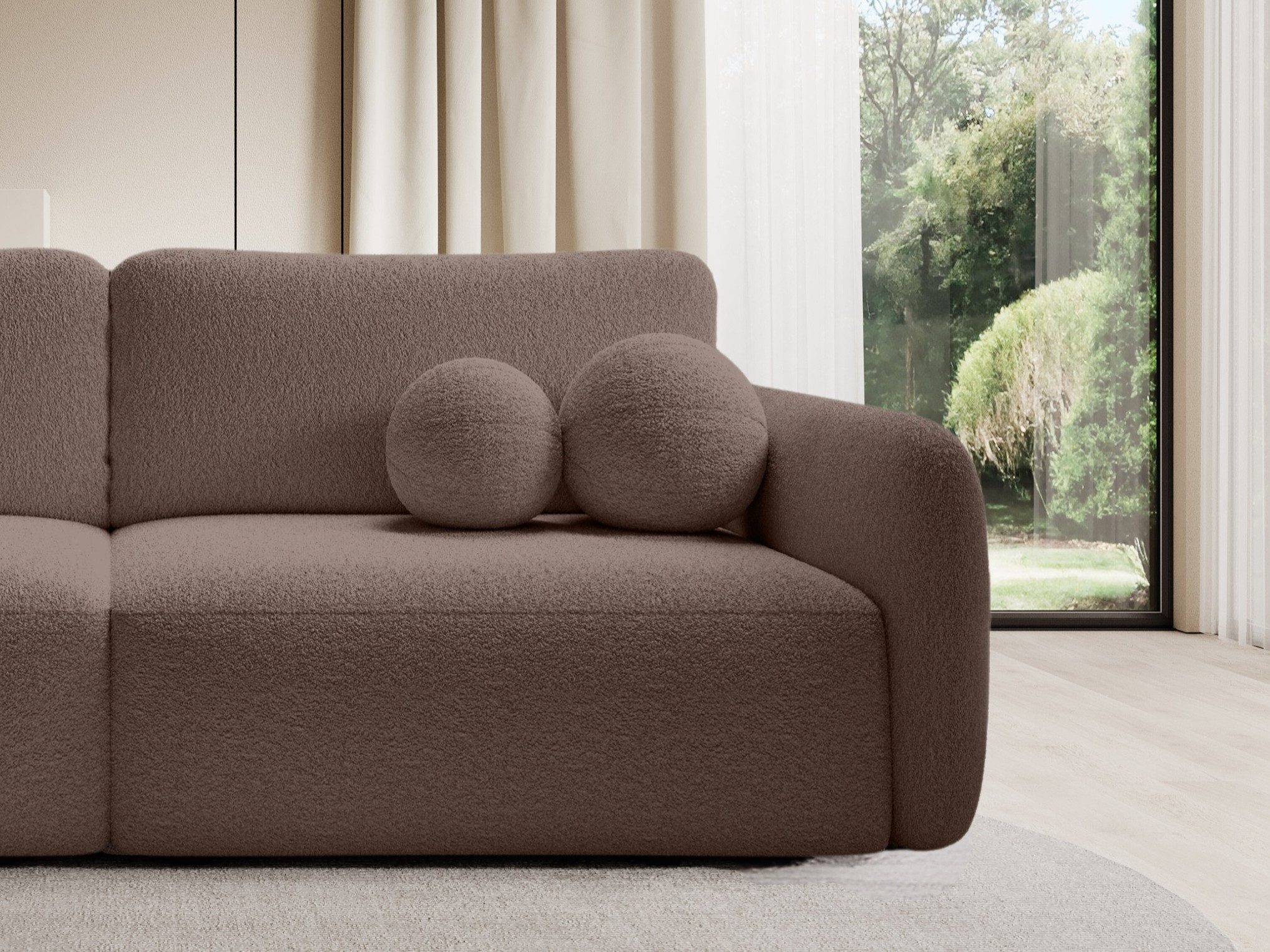 Goldstoff Schlafsofa Boo mit Bouclé-Stoff Designer Couch - modernes Sofa, Dekorative runde Kissen, ausziehbare Liegefläche