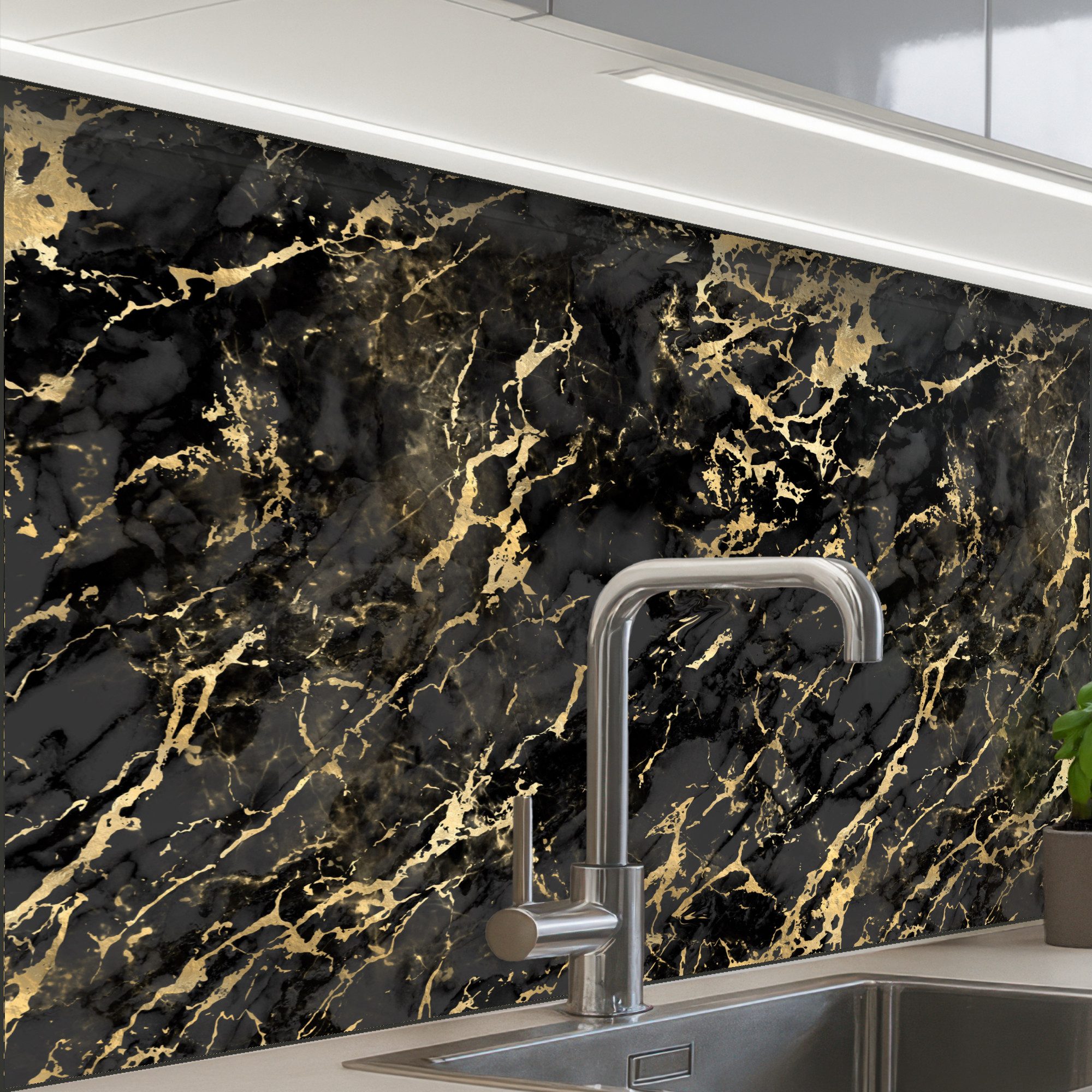 KitchenYeah Küchenrückwand Muster selbstklebend (keine Folie) Marmor - Schwarz - Goldstruktur, (1-tlg), Spritzschutz, Küche, Rückwand, Küchenwand, Küchenfront, 30x20 cm