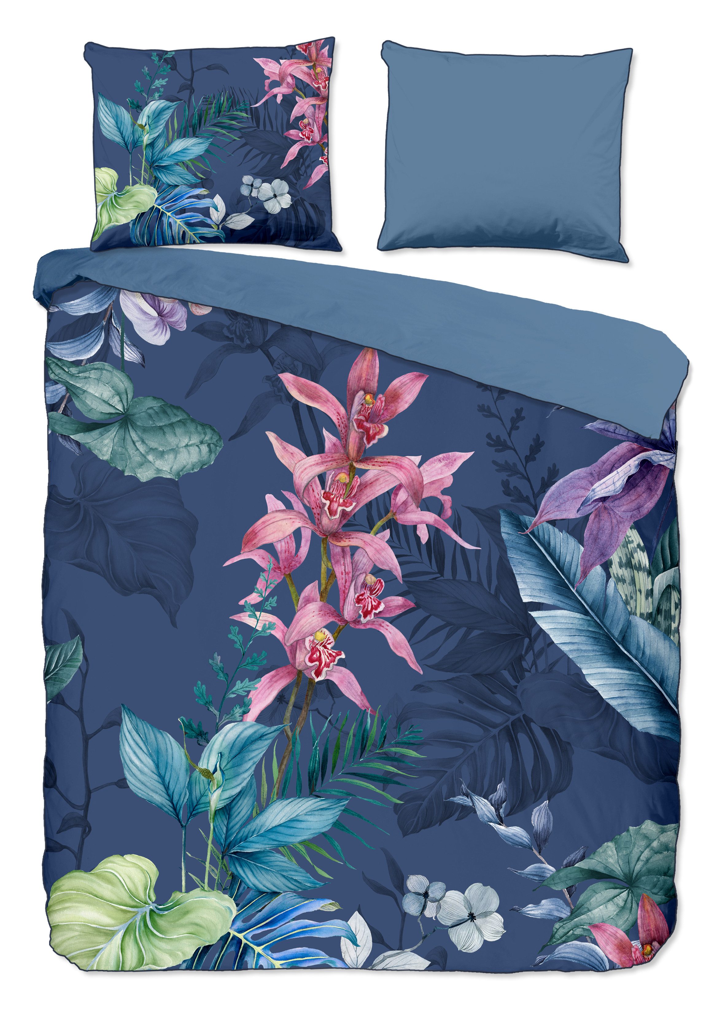 Descanso Bettwäsche Bettwäsche 155x220 + 1 x 80x80 cm Mako Satin Mae Blumen und Blätter b, Mako Satin, 2 teilig, 1 x Bettbezug 155 x 220 cm + 1 x Kissenbezug 80 x 80 cm blau