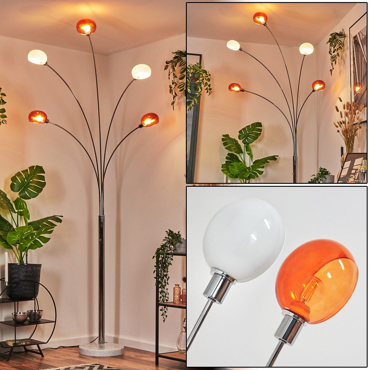 hofstein Stehlampe Stehlampe mit Marmorfuß aus Metall in Weiß/Chromfarben/Orange, verstellbare Stehleuchte im Vintage-Design, Schalter am Gehäuse, E14