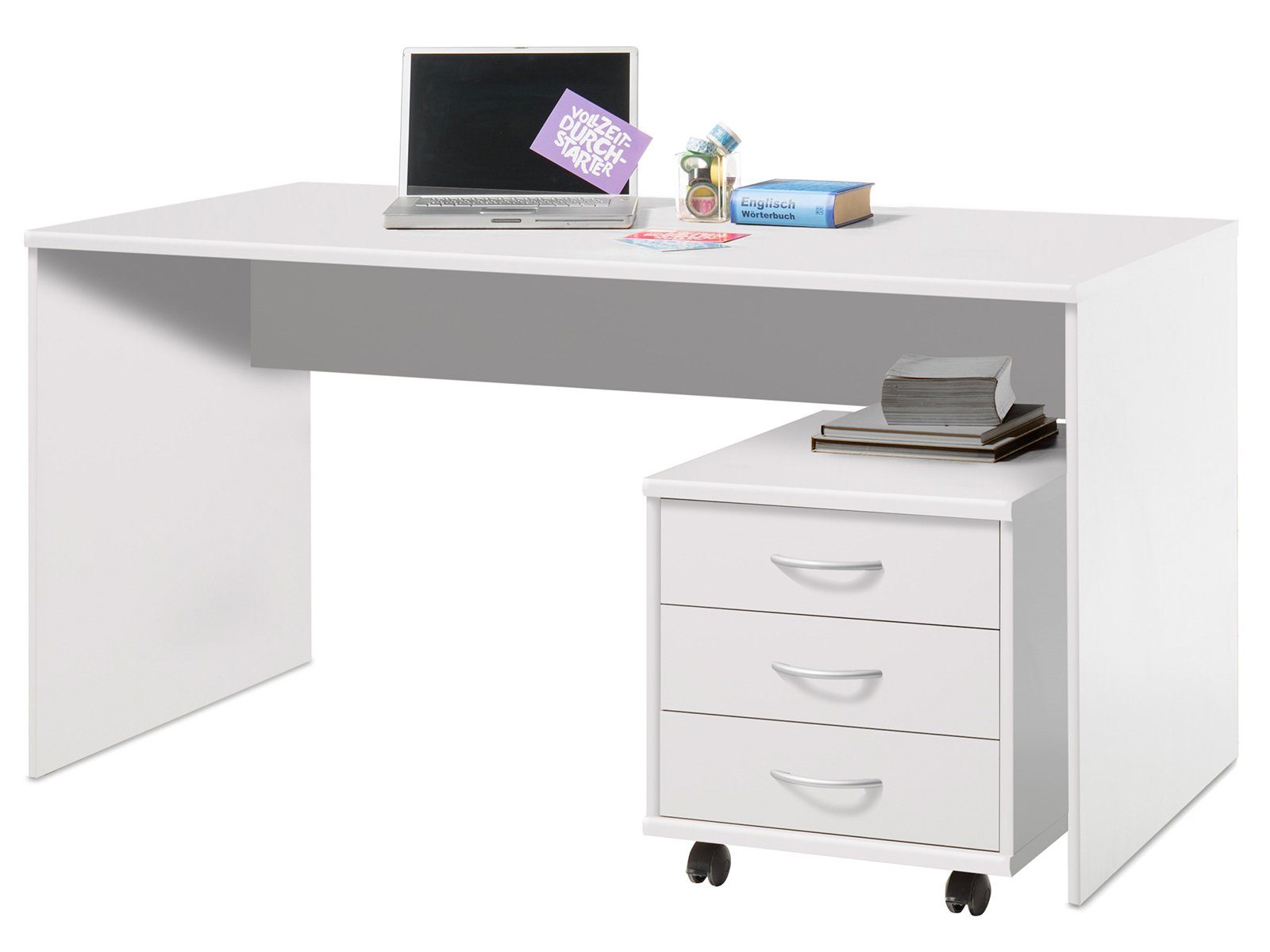 Büro-Set 1 möbelando Schrank, in aus 1 Olli Aktenschrank Rollcontainer Spanplatte Schreibtisch Regal, 1 (4-St) 1 bestehend Modernes und aus Weiß