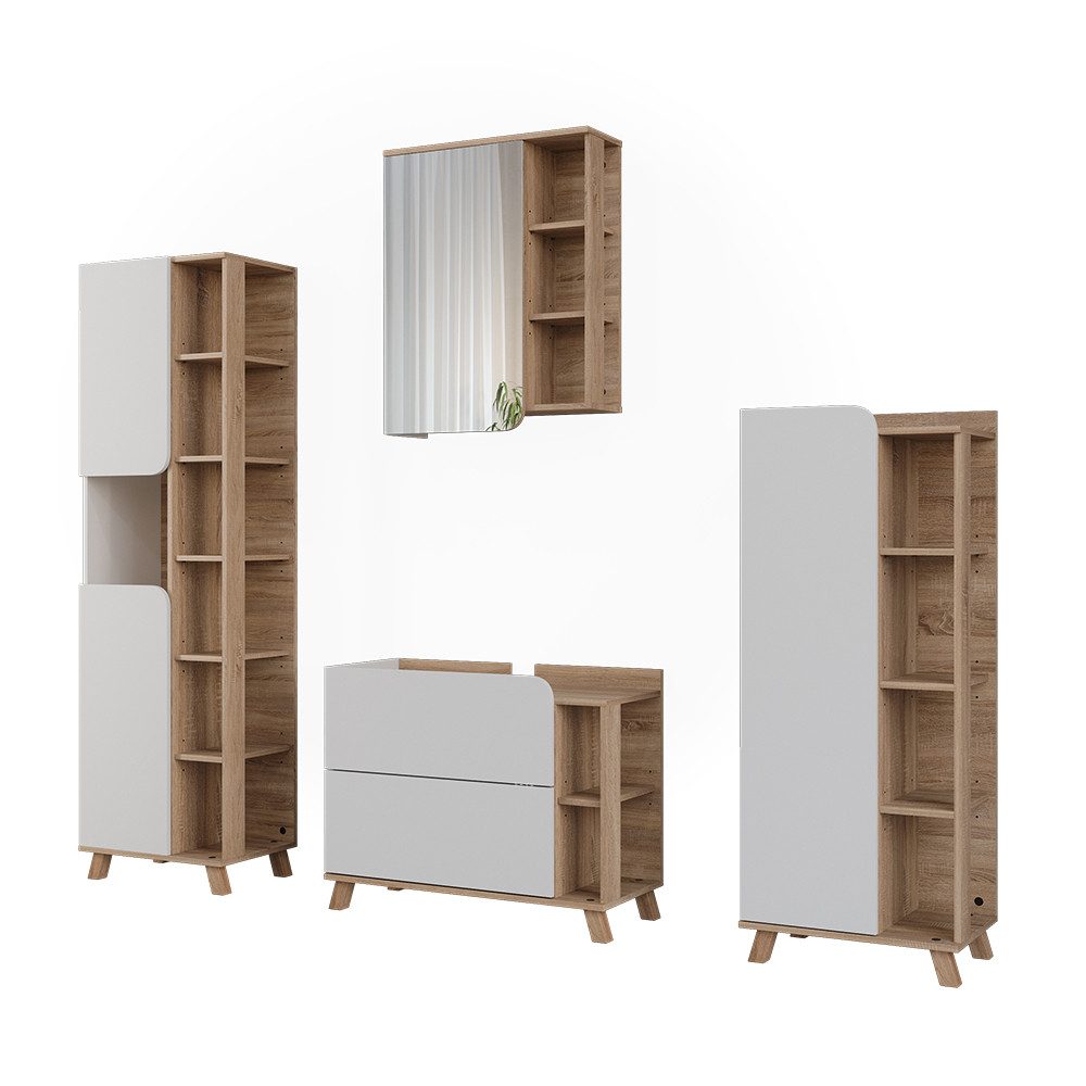 Vicco Badmöbel-Set Karen, Weiß/Sonoma, 4-teilig, (4-St., 4er Set)