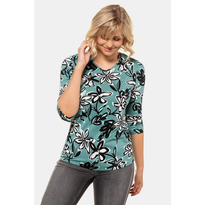 Gina Laura Rundhalsshirt bis 3XL Shirt Blütenmuster elastischer Saum