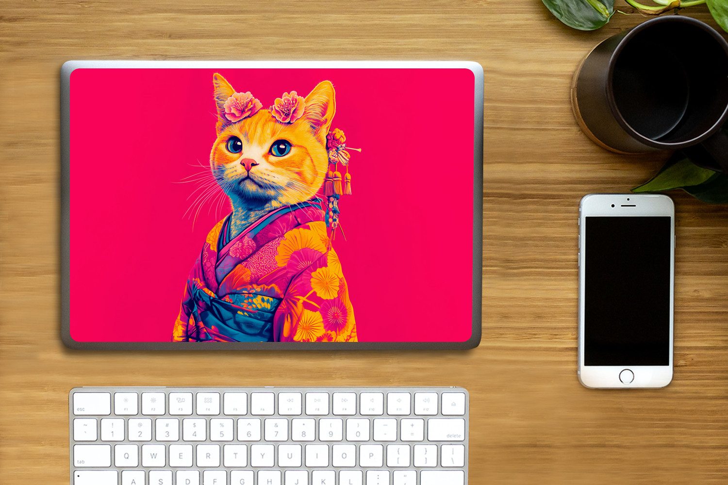 MuchoWow Laptop-Aufkleber Katze - Kimono - Blumen - Rosa, (1tlg), Aufkleber Geeignet für Laptops, Schutz vor Kratzern, Sticker, 31x22 cm