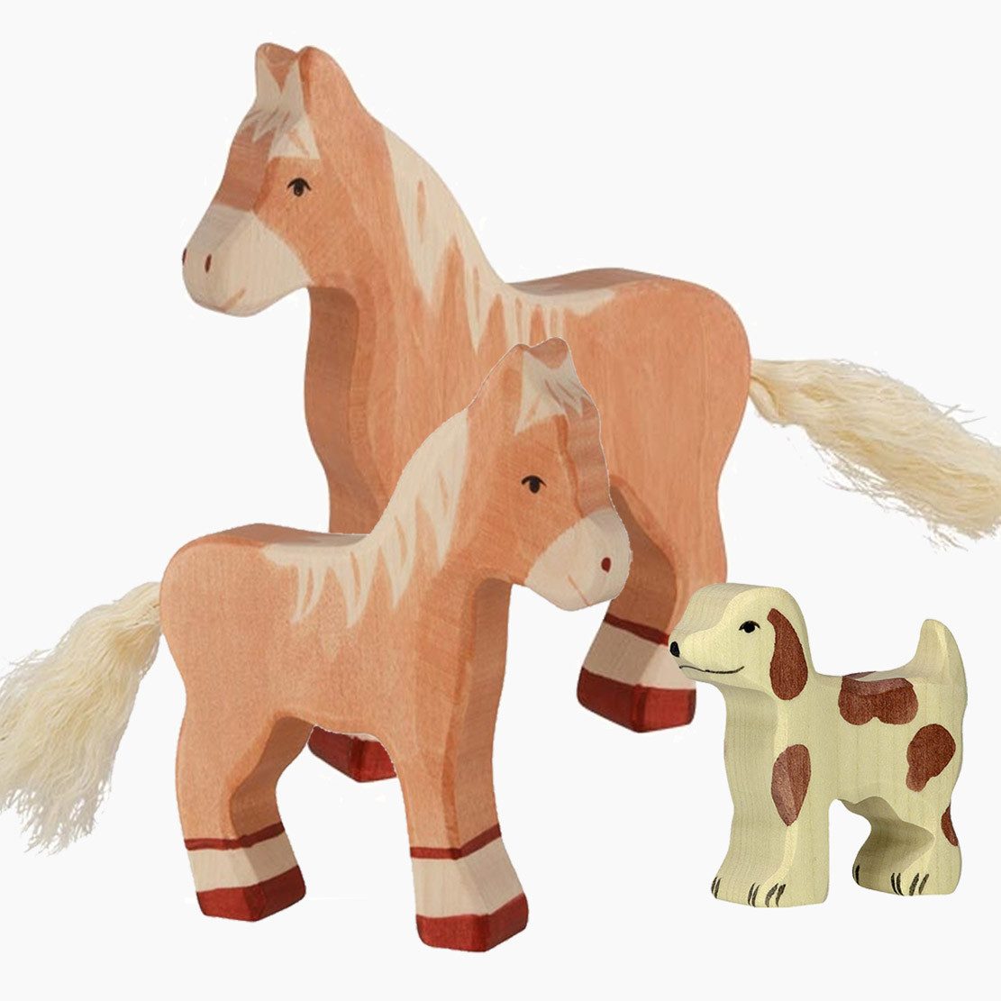 Holztiger Spielfigur Tierset Pferd Fohlen und Hund, (packung, 3-tlg., 3er set), Wertvolle Handarbeit aus Europa