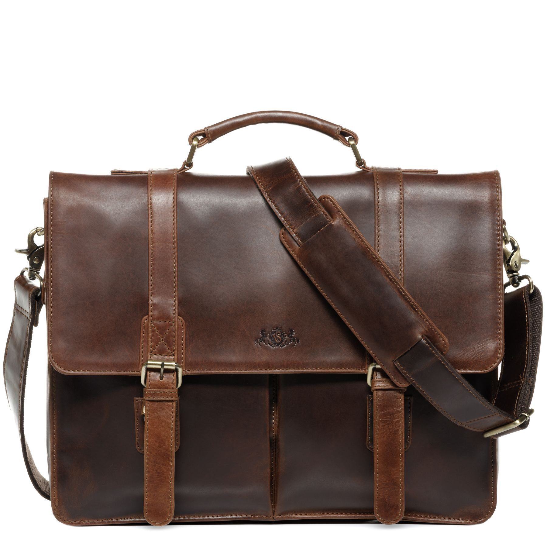 SID & VAIN Laptoptasche Leder Businesstasche Herren HARVORD, Laptoptasche 15,4 Zoll, Aktentasche Echtleder Herren braun-cognac