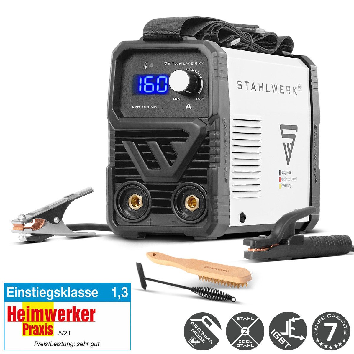 STAHLWERK Inverterschweißgerät Elektroden-Schweißgerät 160 MD – 160 A MMA/E-Hand & Lift-TIG (DC), 30 - 160 A, Packung}, 4-tlg., Einzelgerät, Lift-TIG Inverter mit 160 Ampere, IGBT Technologie und Single-Board