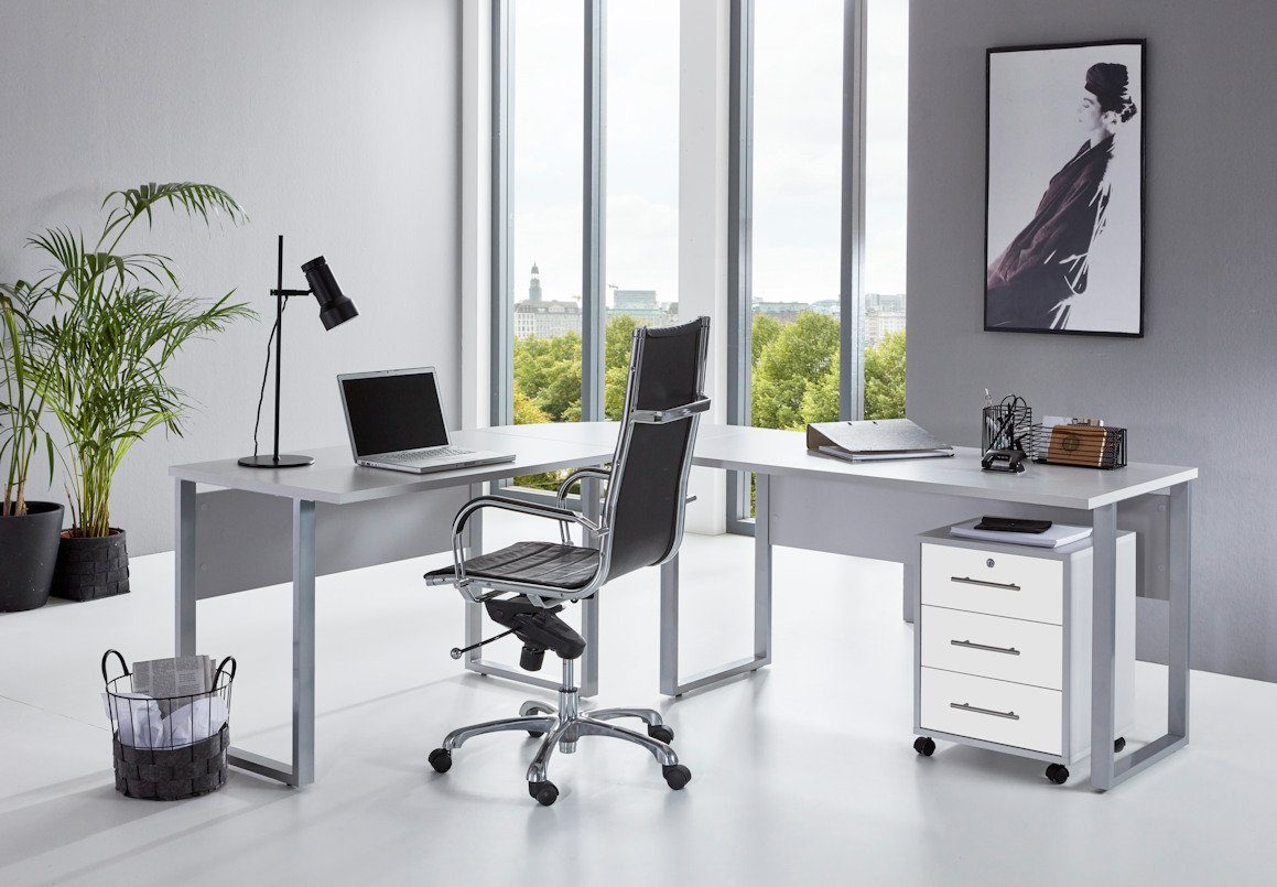 2-St., OFFICE Schreibtisch weiß / inkl. wechselseitig verschiedenen moebel-dich-auf montierbar (in matt Farben, Rollcontainer), lichtgrau EDITION