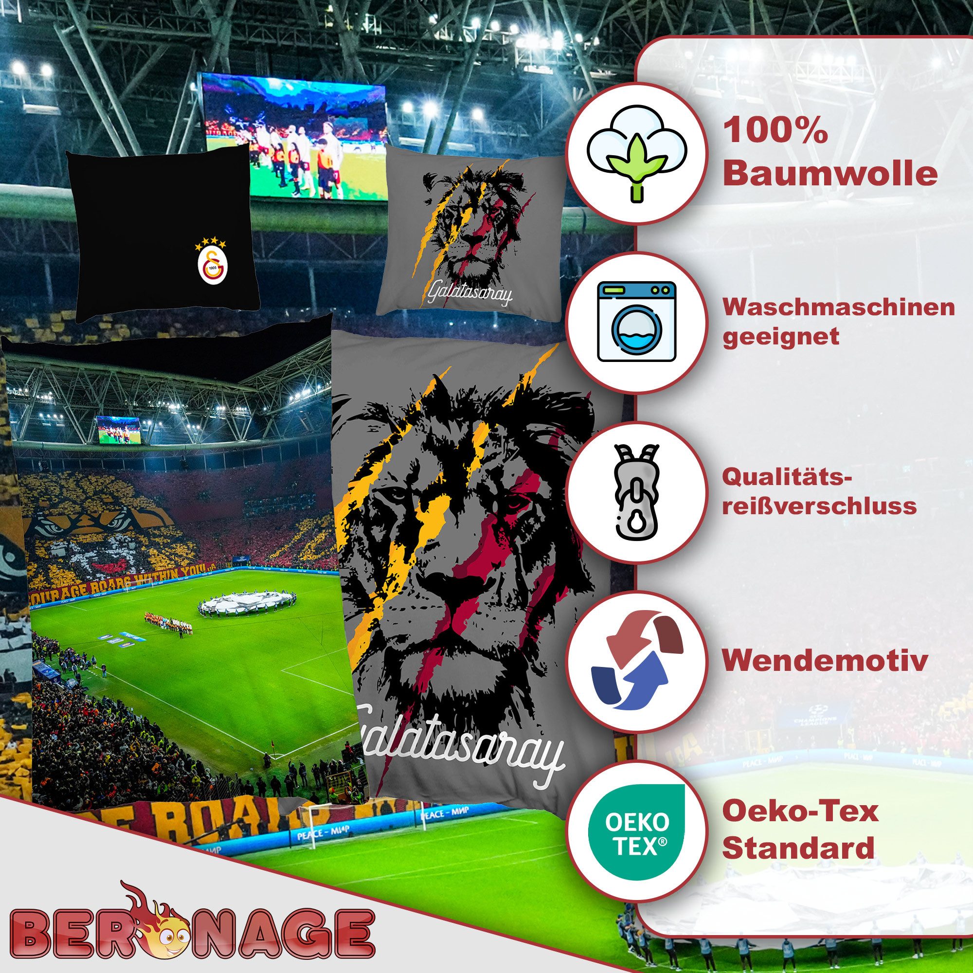 BERONAGE Wendebettwäsche Galatasaray Istanbul Fußball RAMS-Park Bettwäsche Linon / Renforcé, Baumwolle, 2 teilig, Süper Lig Bettwäsche