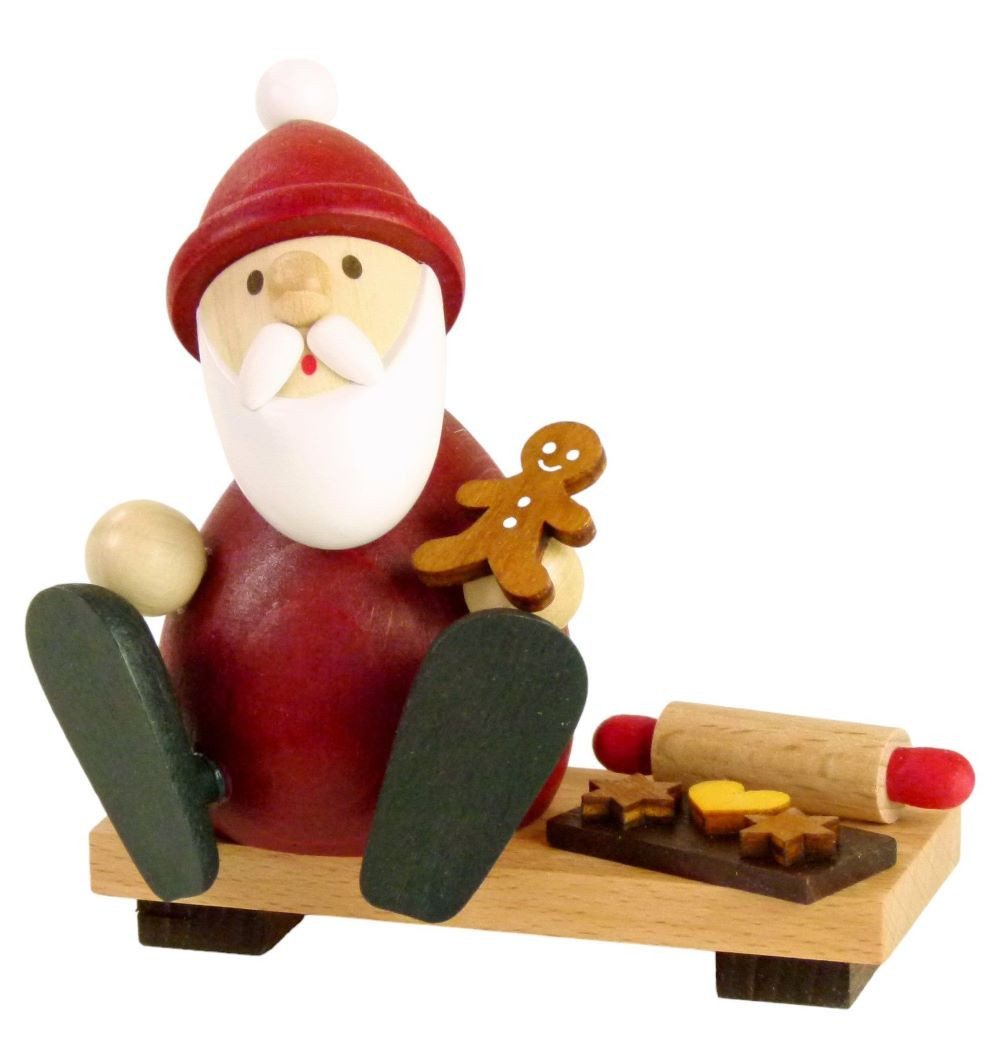 Ullrich Kunsthandwerk Weihnachtsmann Weihnachtsmann auf Bank mit Lebkuchenmann, Backblech & Nudelholz