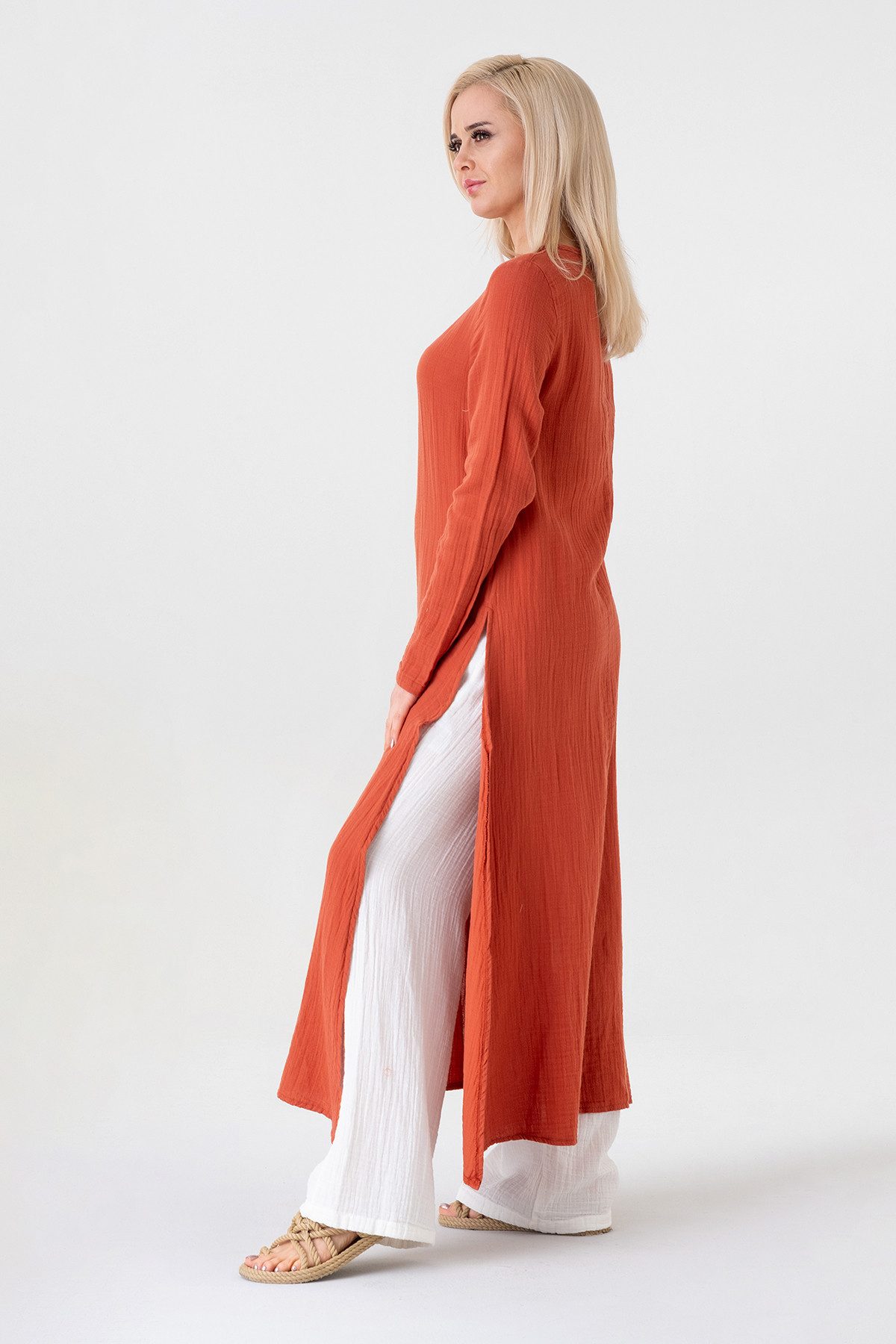 WENOR Longtunika Musselin 100 % Baumwolle 125 cm, Seitenschlitze, Modest Fashion 34–50