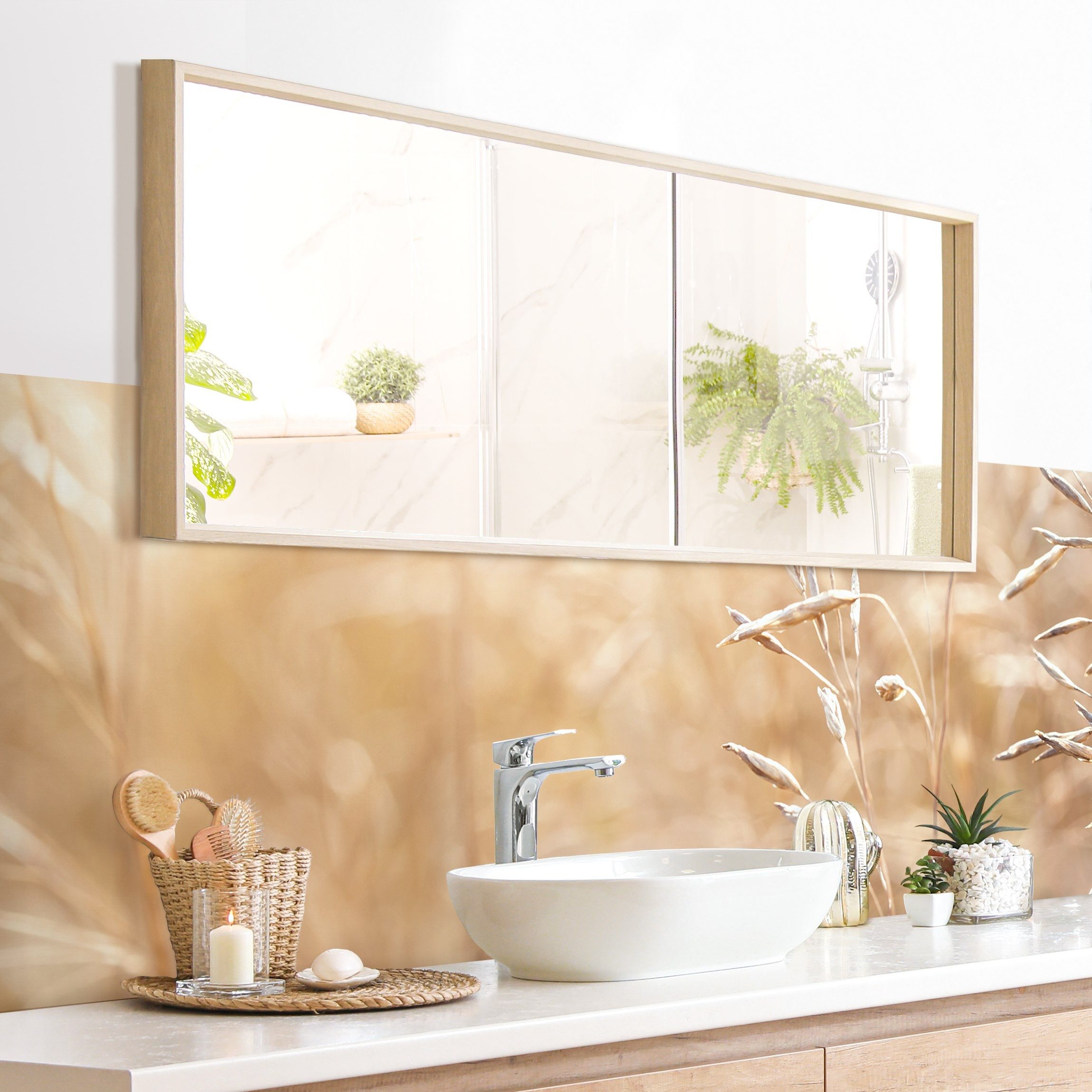 Bilderdepot24 Badrückwand beige fugenlose Wandverkleidung Bad Landhaus, (Hartfolie matt » Selbstklebend SMART 0,35 mm), wasserfestes Wandpaneel Gräser Sonnenschein