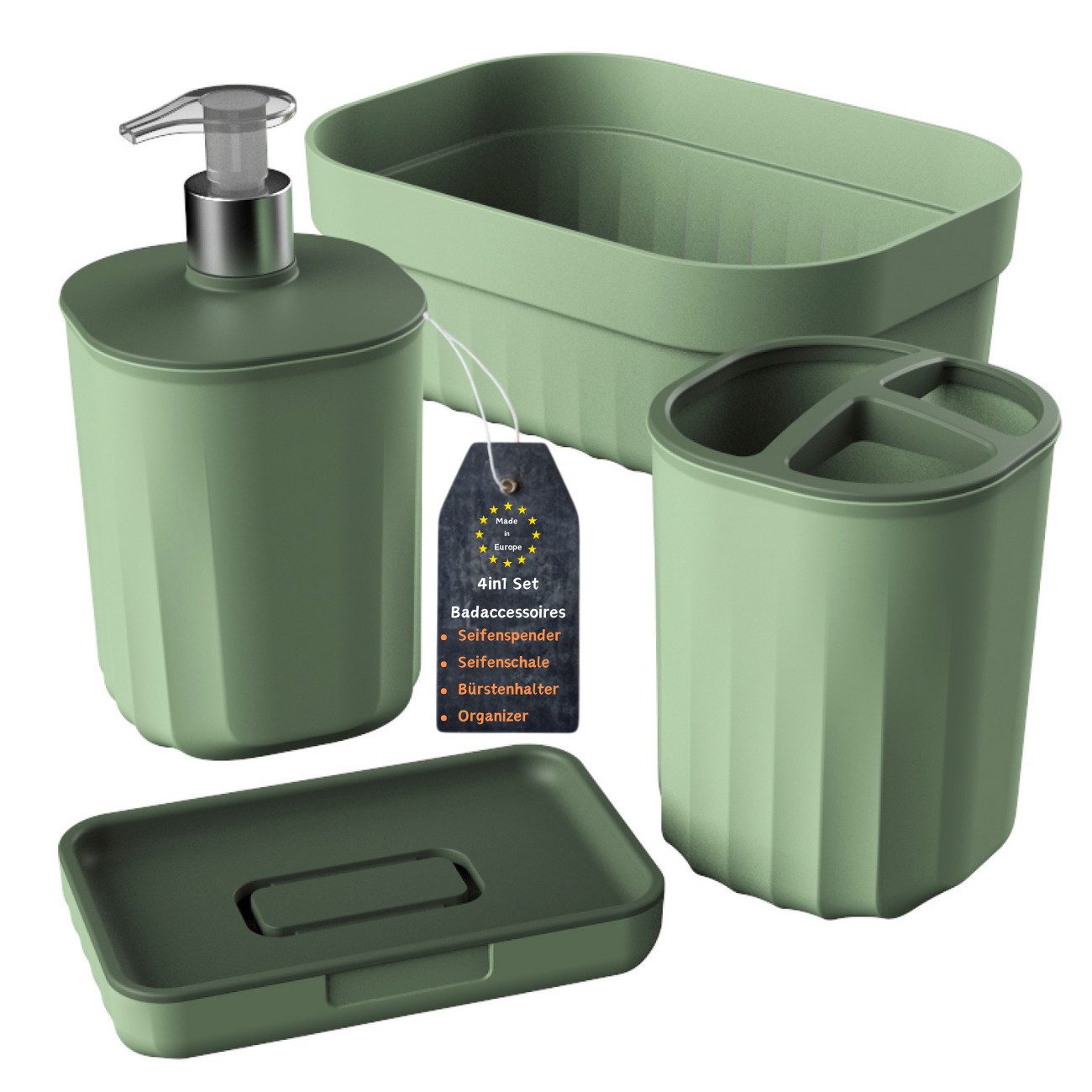 Engelland Badaccessoire-Set Badezimmer-Set, 4-teilig, bestehend aus Seifenspender, Seifenschale, Zahnbürstenhalter & Organizer, Vorteils-Set, 4 tlg., 4-teilig, modernes Design, robuster Kunststoff, BPA-frei, Rillen-Optik