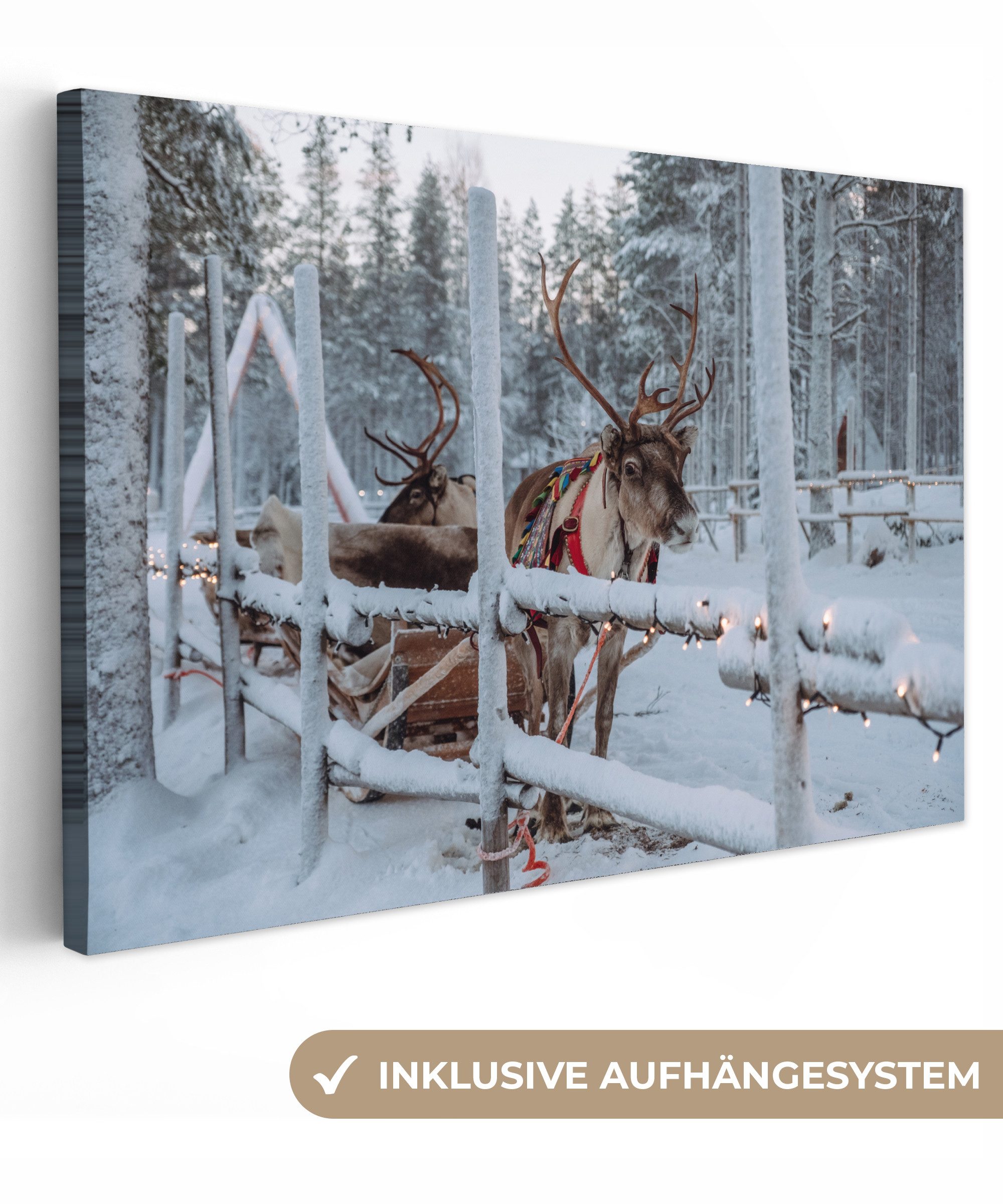 OneMillionCanvasses® Leinwandbild Ein Rentier im Dorf des Weihnachtsmanns in Finnland, Fotodruck (1 St), Leinwand Bilder Klein, Wand Dekoration Aesthetic 30x20 cm