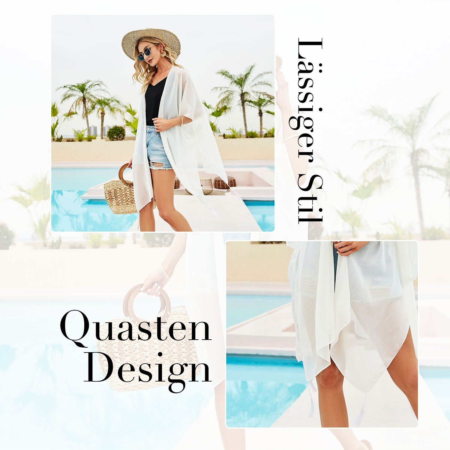 MAGICSHE Weiß Cover-Ups Fransen Strandkleid Sonnenschutzkittel