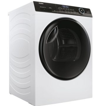 Haier Wärmepumpentrockner weiss HD90-A3TEAM5, 9 kg, Smart hOn App mit künstlicher Intelligenz, Ablaufschlauch