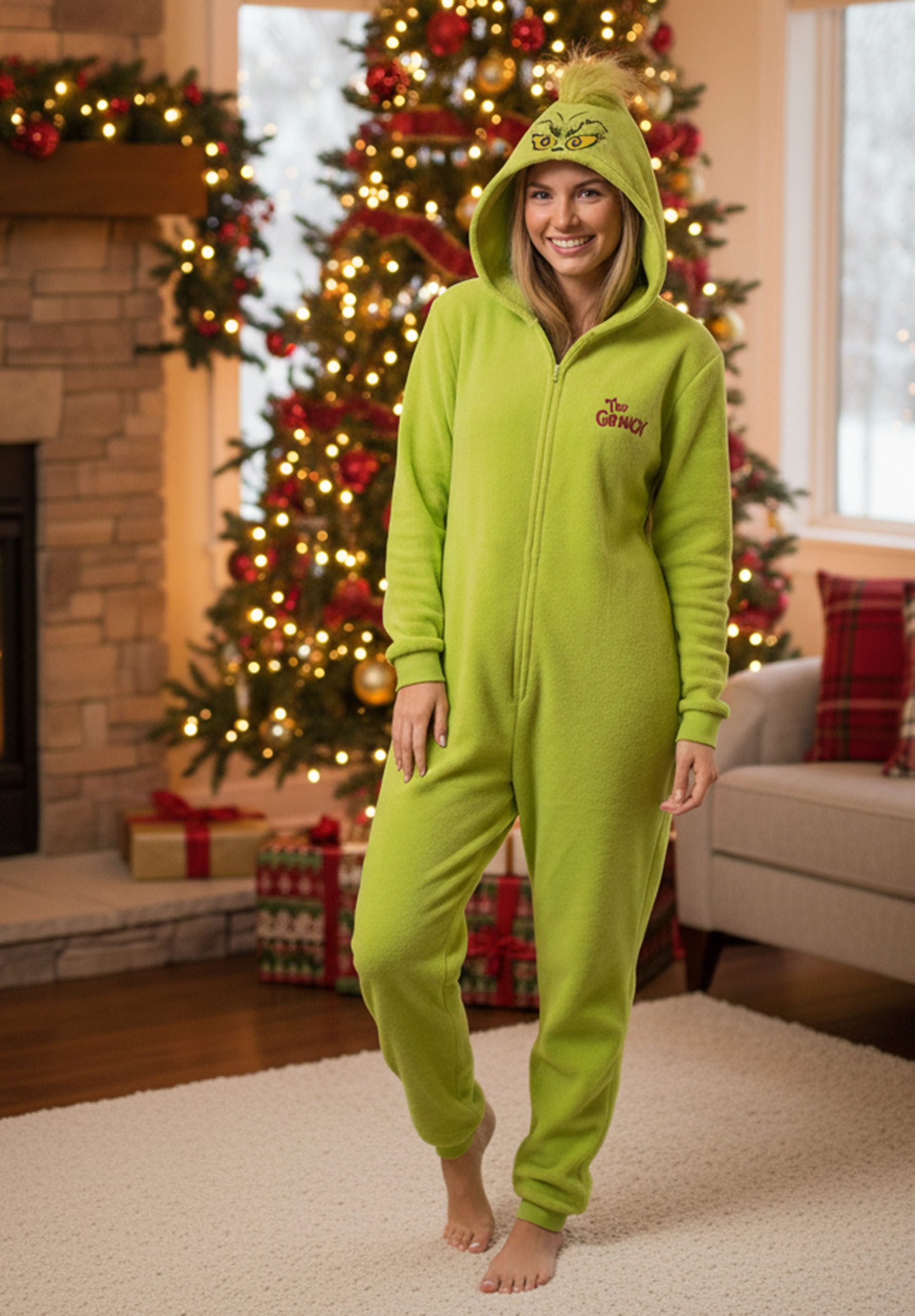Sarcia.eu Schlafoverall Grinch Fleece-Einteiler mit Reißverschluss, warmer Damen-Onesie Kapuze