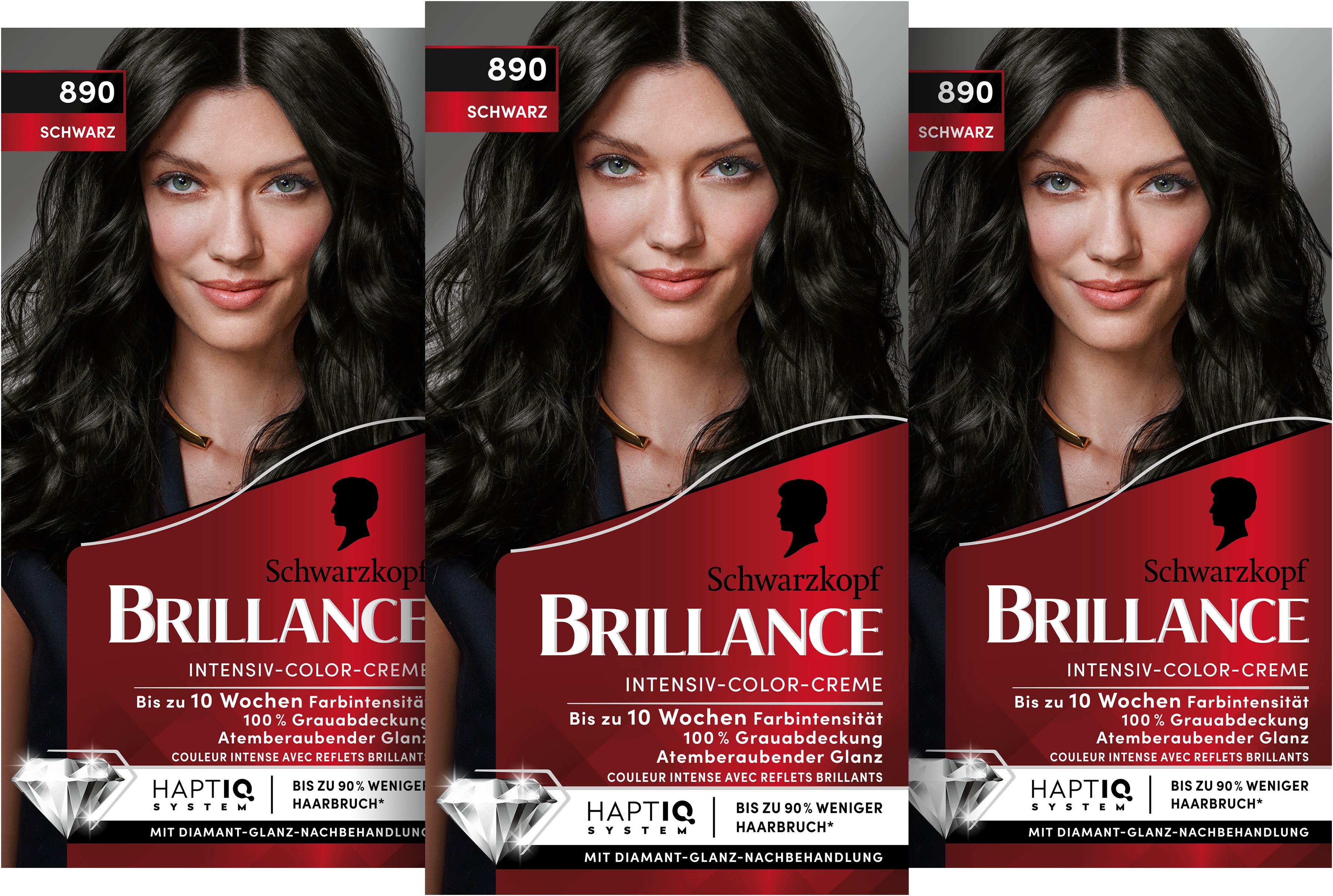 Schwarzkopf Haarfarbe BRILLANCE Intensiv-Color-Creme 890 Schwarz, Spar-Pack, 3-tlg., mit Diamant-Glanz und Pflege-Conditioner, für 10 Wochen Farbintensität