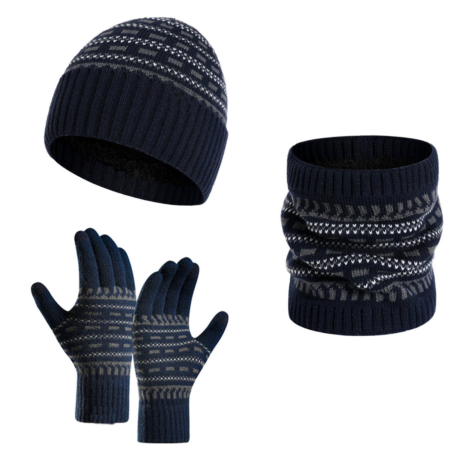Rutaqian Mütze & Schal 3-teiliges Set Winter-Mütze, Schal, Touchscreen-Handschuhe (Handschuhe, Mütze, Halswärmer für Männer und Frauen, Warme Beanie Mütze Winter Set mit Fleecefutter) Navy blau