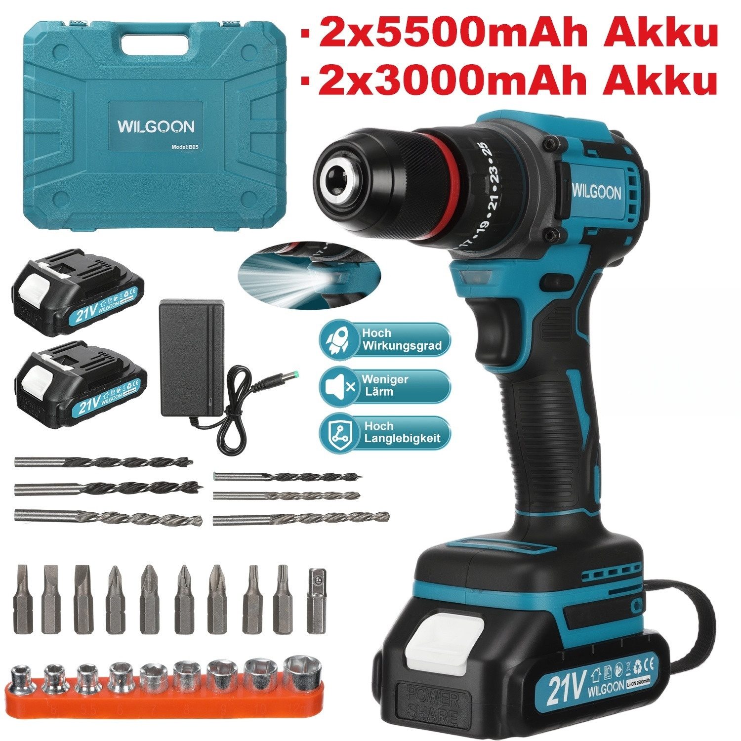 WILGOON Akku-Bohrschrauber 21V Akkuschrauber Set, Akkubohrer mit 120PCS Wer günstig online kaufen